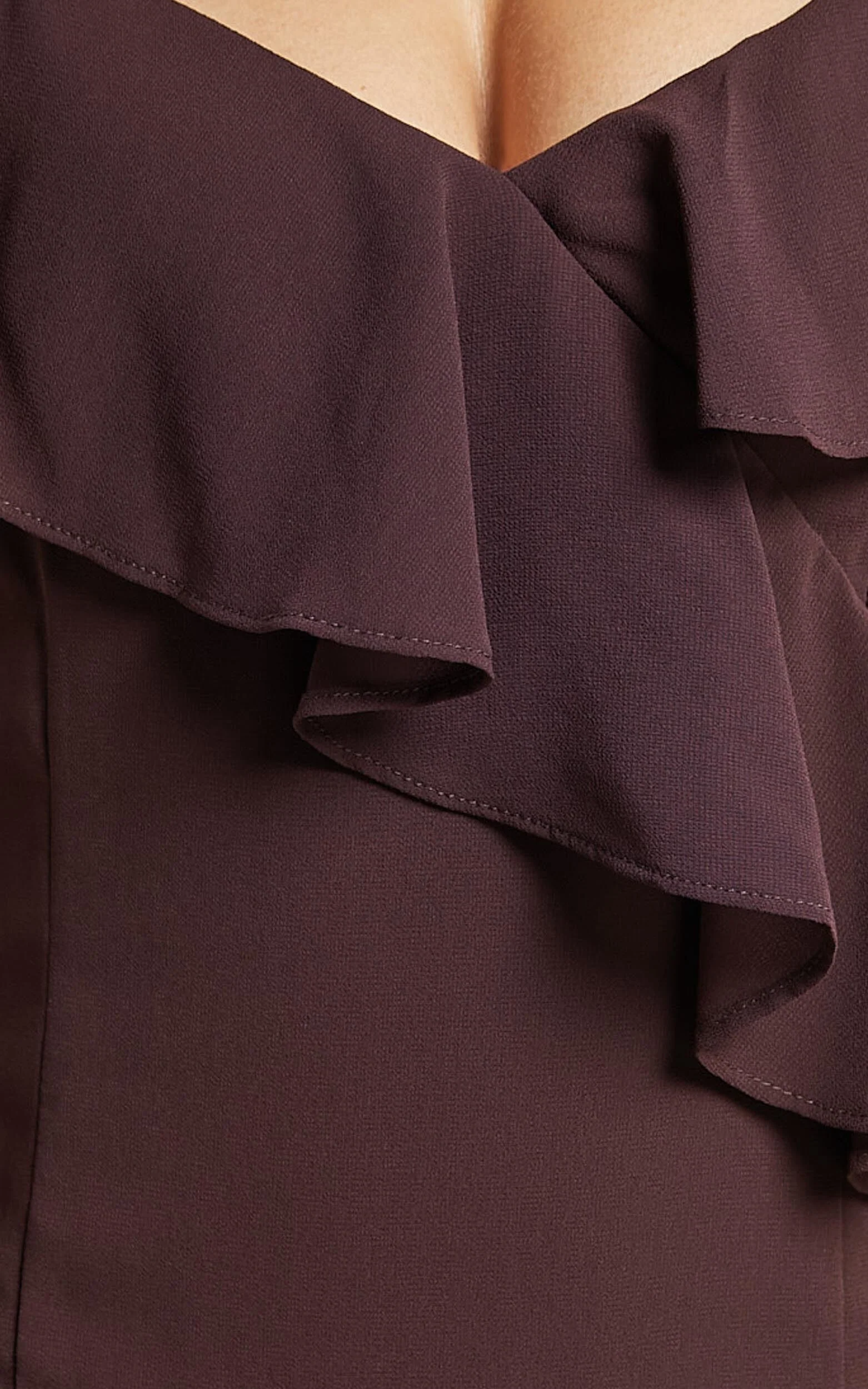 Emily Midi Dress - Strappy Asymmetric Ruffle Dress in Chocolate