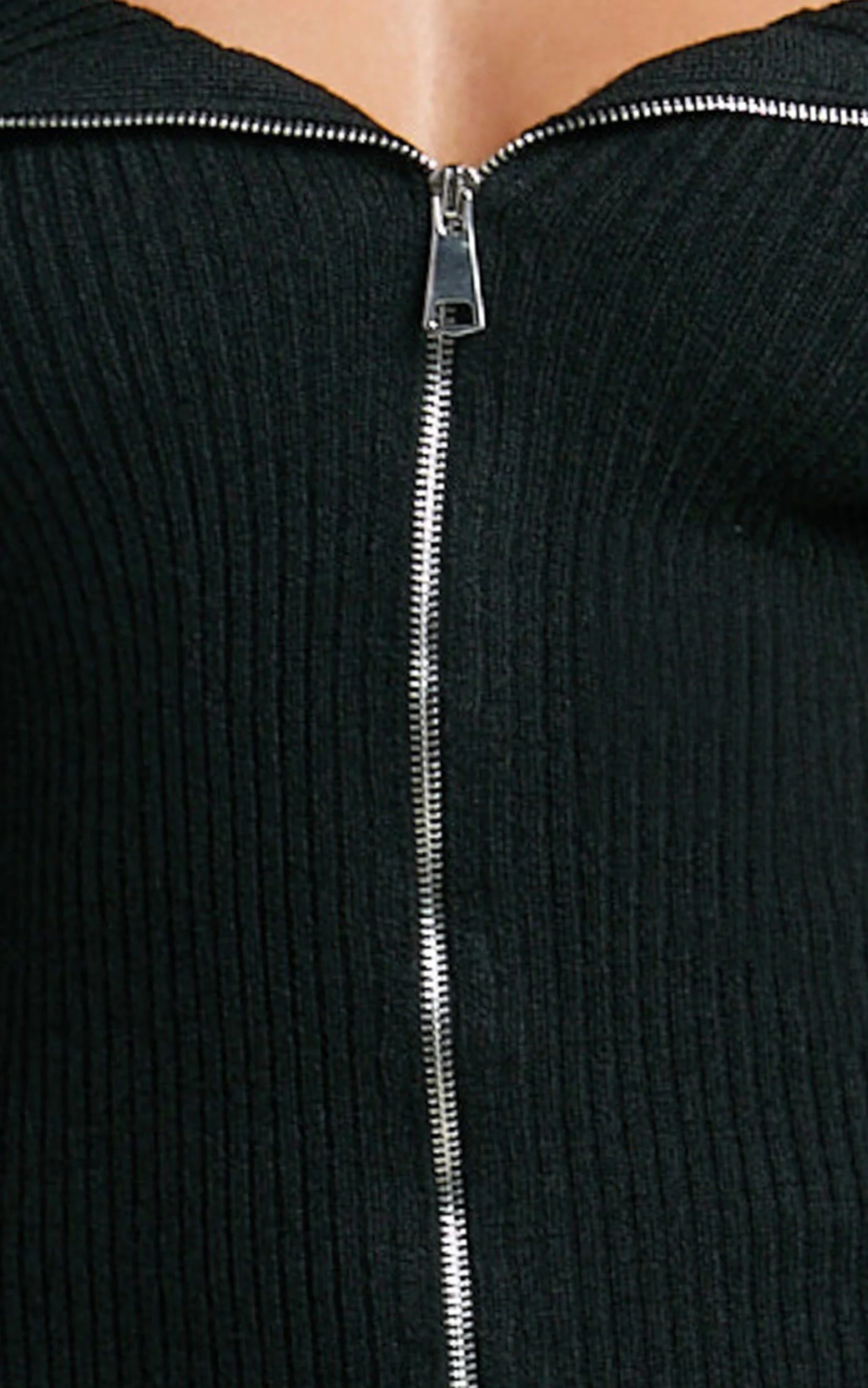 Madeline Mini Dress - Folded Off Shoulder Double Zip Front Knit Dress in Black