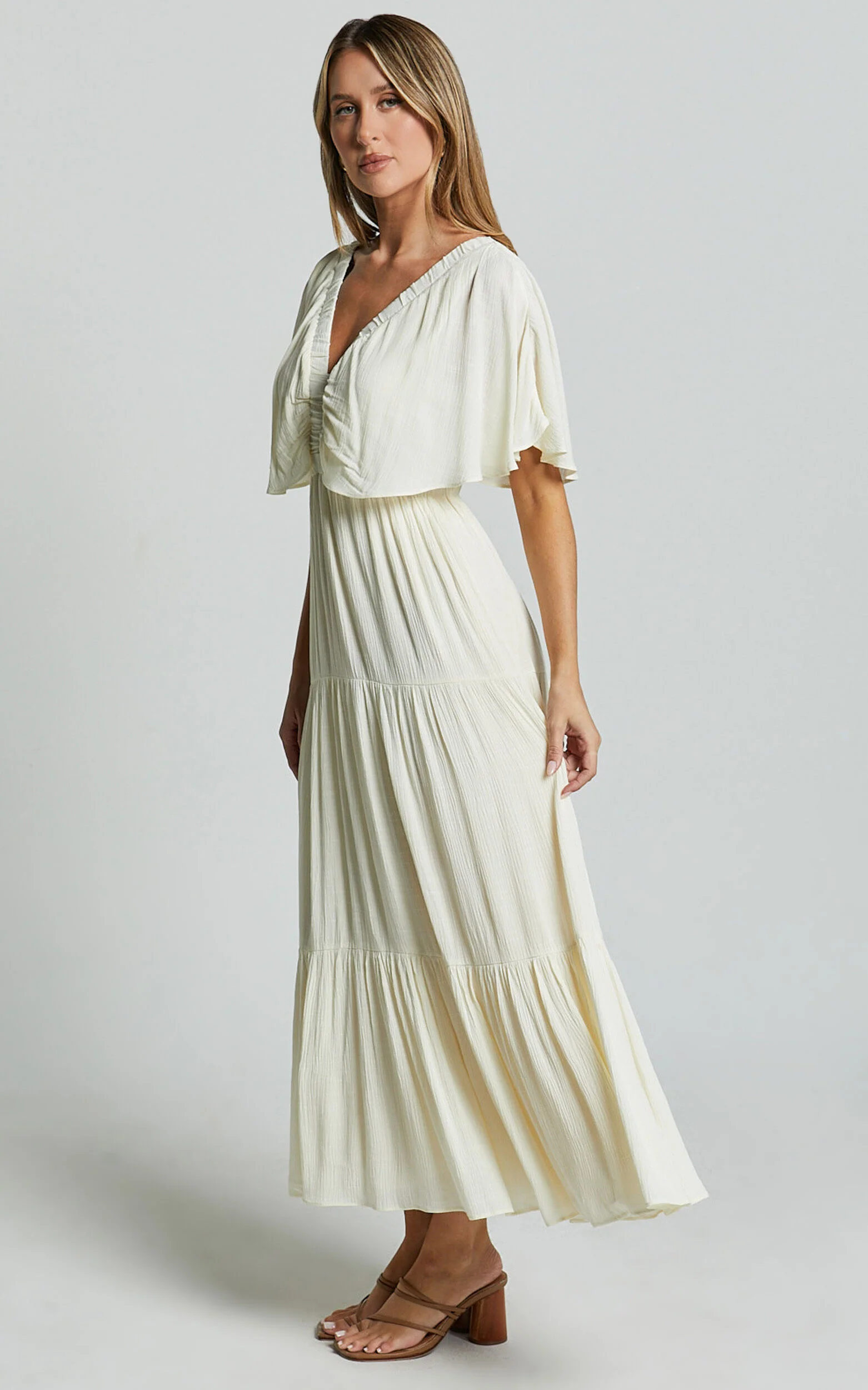 Danny Midi Dress - Ruffle Sleeve Tiered Dress in Natural