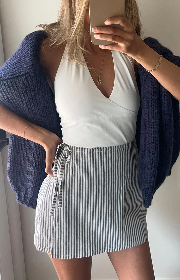 Frazer Blue Stripe Tie Side Mini Skirt