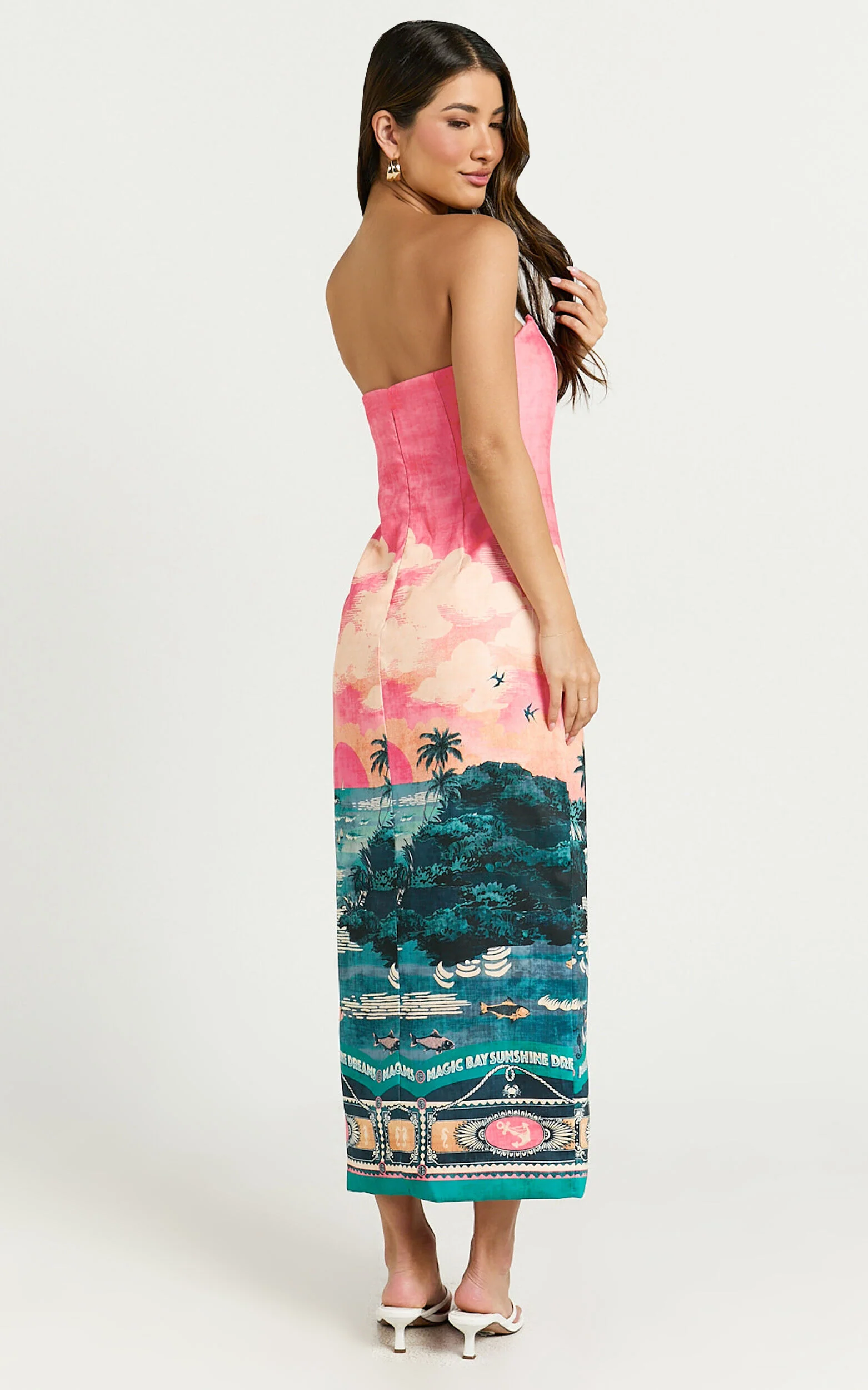 Amalie The Label - Leesha Strapless Fitted Split Leg Midi Dress in Island Sunset Print