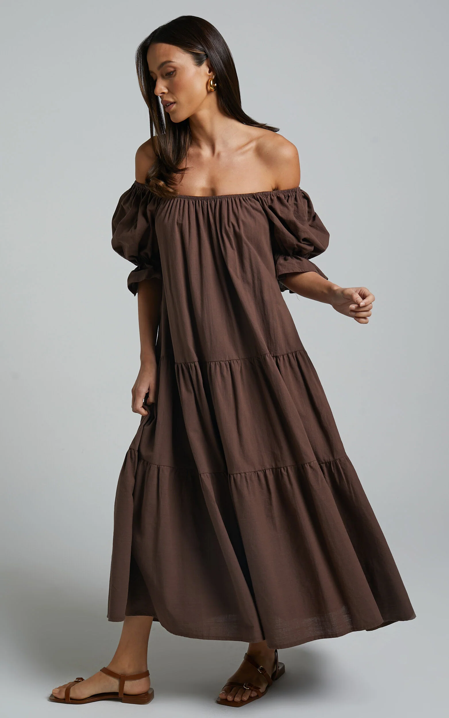 Zaharrah Midi Dress - Tiered Dress in Chocolate Linen Look