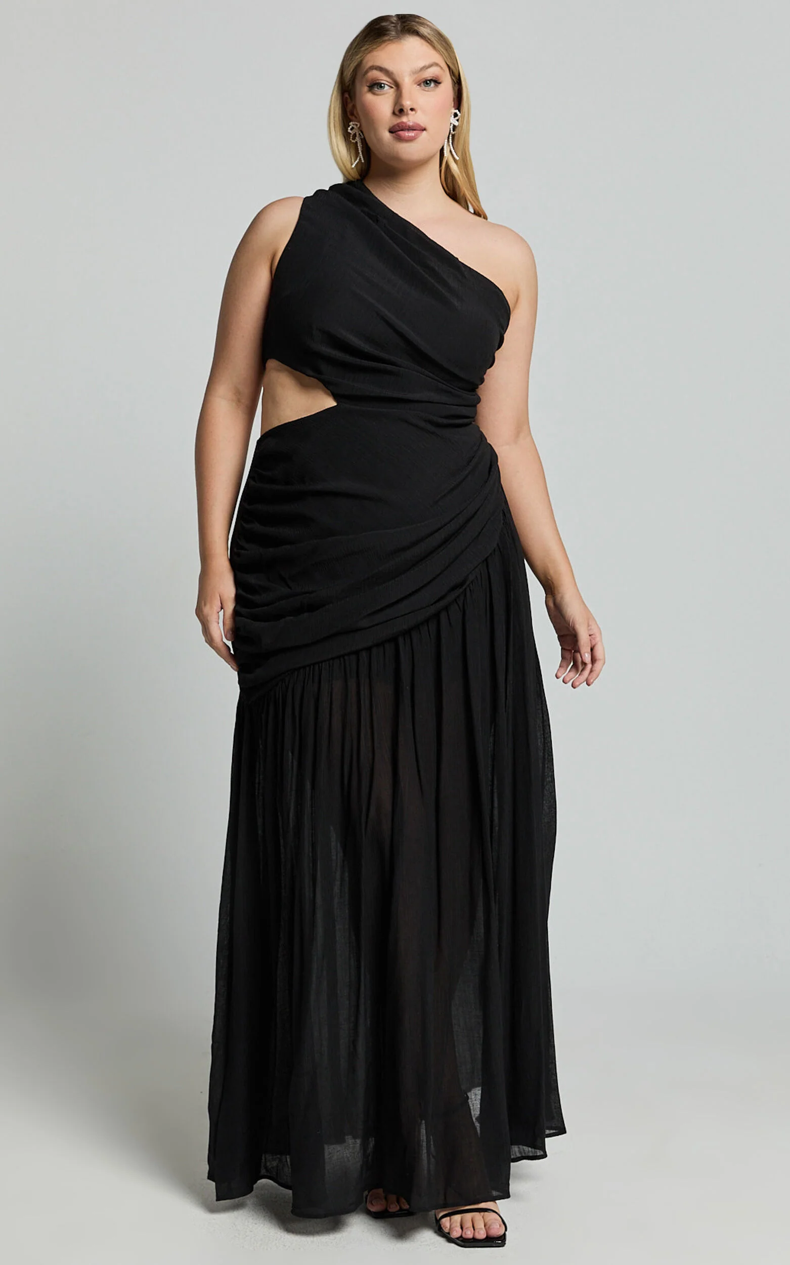 Darcy Maxi Dress - One Shoulder Side Cut Out Gathered Dress in Black