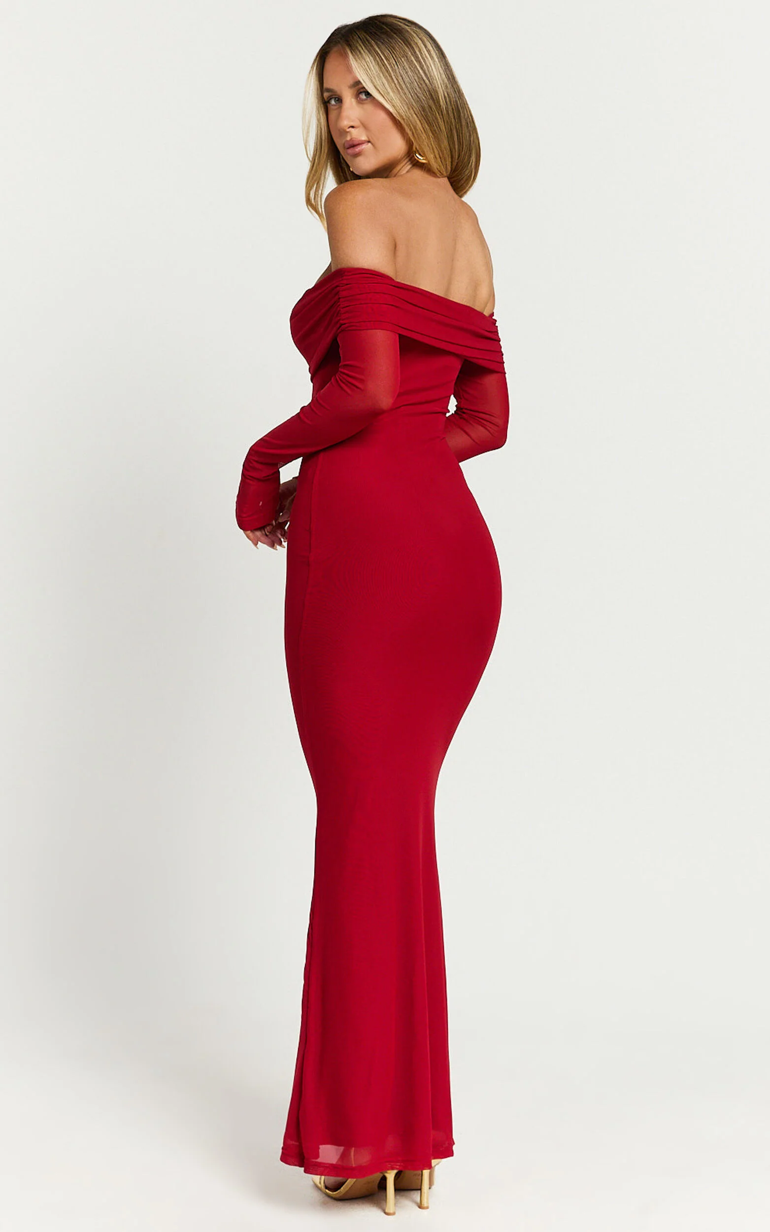 Bethanie Maxi Dress - Off The Shoulder Mesh Dress in Red