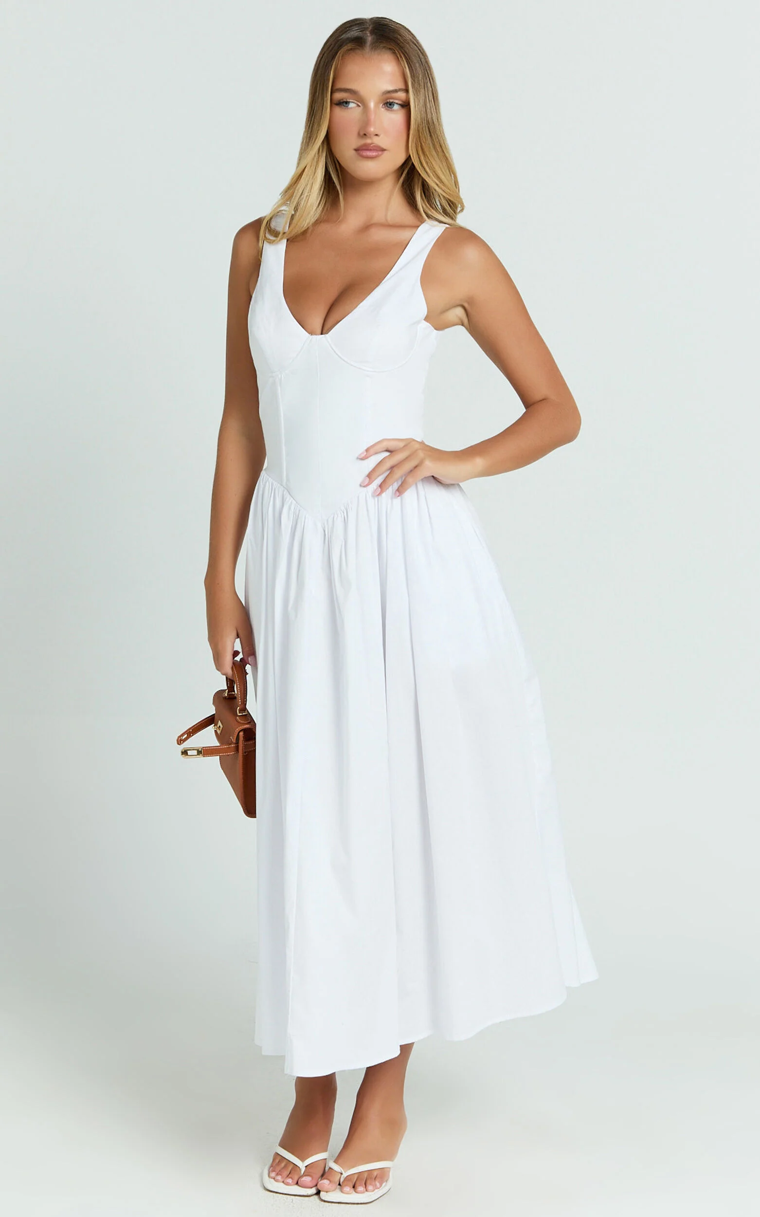 Beckett Midi Dress - Scoop Neck Drop V Waist Gathered Skirt Dress in White