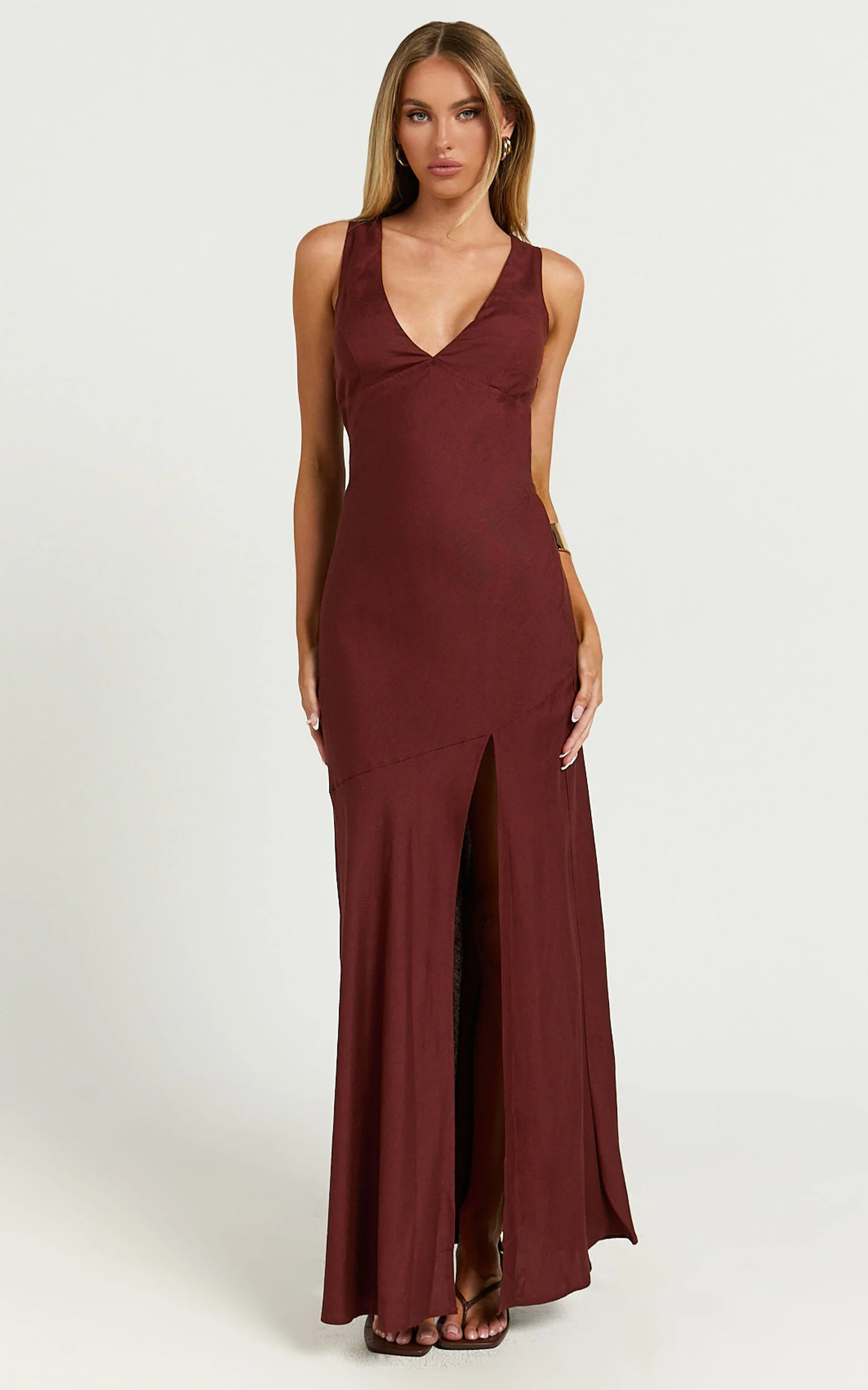 Adalita Midi Linen Dress - V Neck Cowl Back Bias Cut Dress in Chocolate