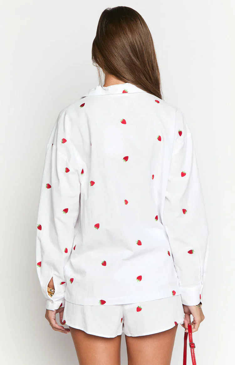 Margarita White Strawberry Embroidered Long Sleeve Shirt
