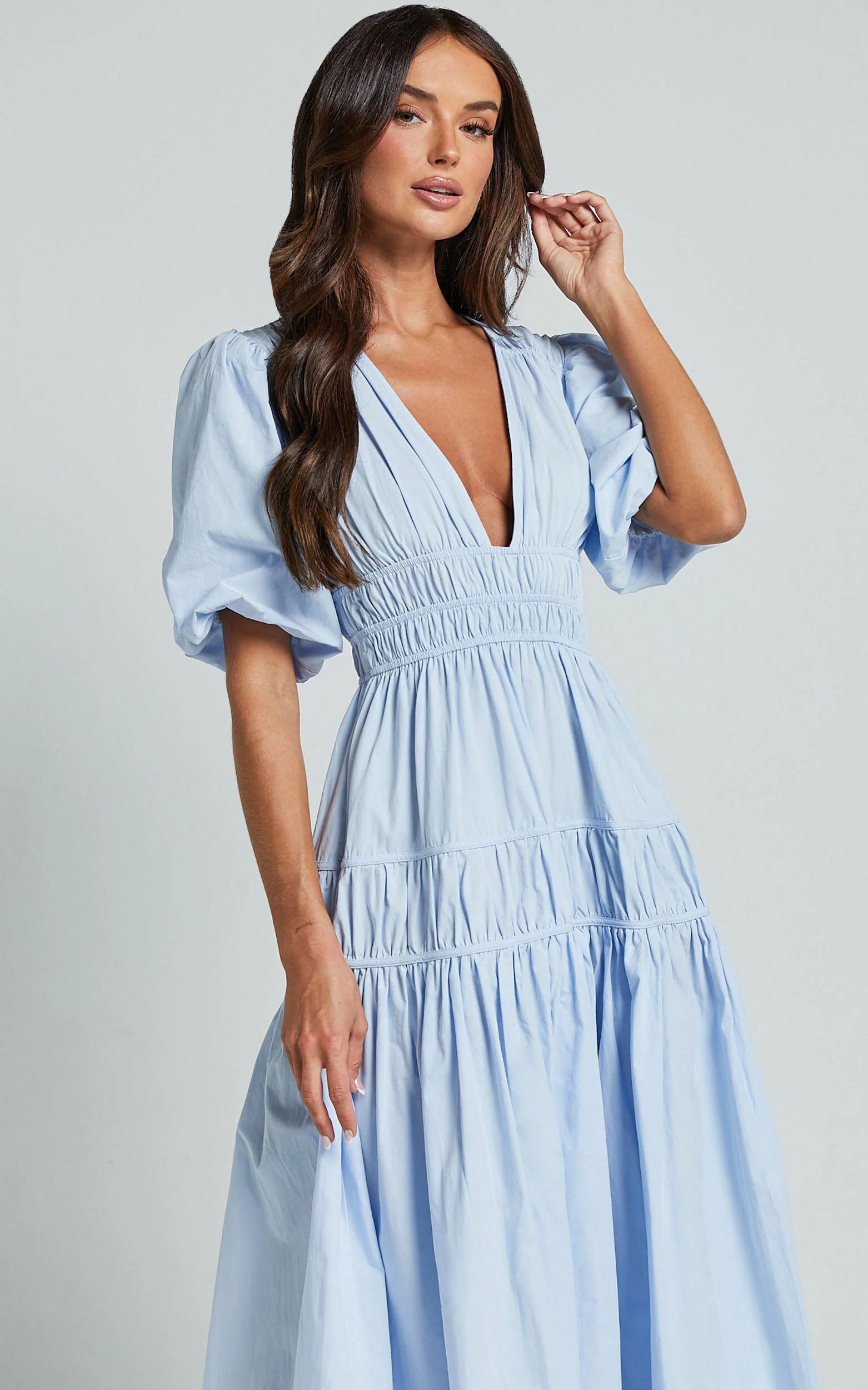 Mellie Midi Dress - Puff Sleeve Plunge Tiered Dress in Soft Blue