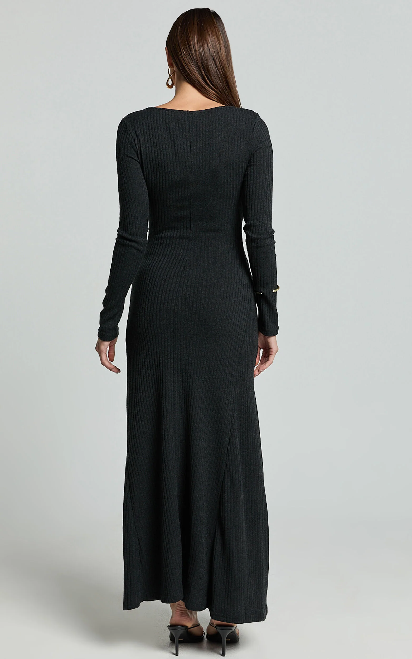 Lydia Midi Dress - V Neck Long Sleeve Knitted Dress in Black
