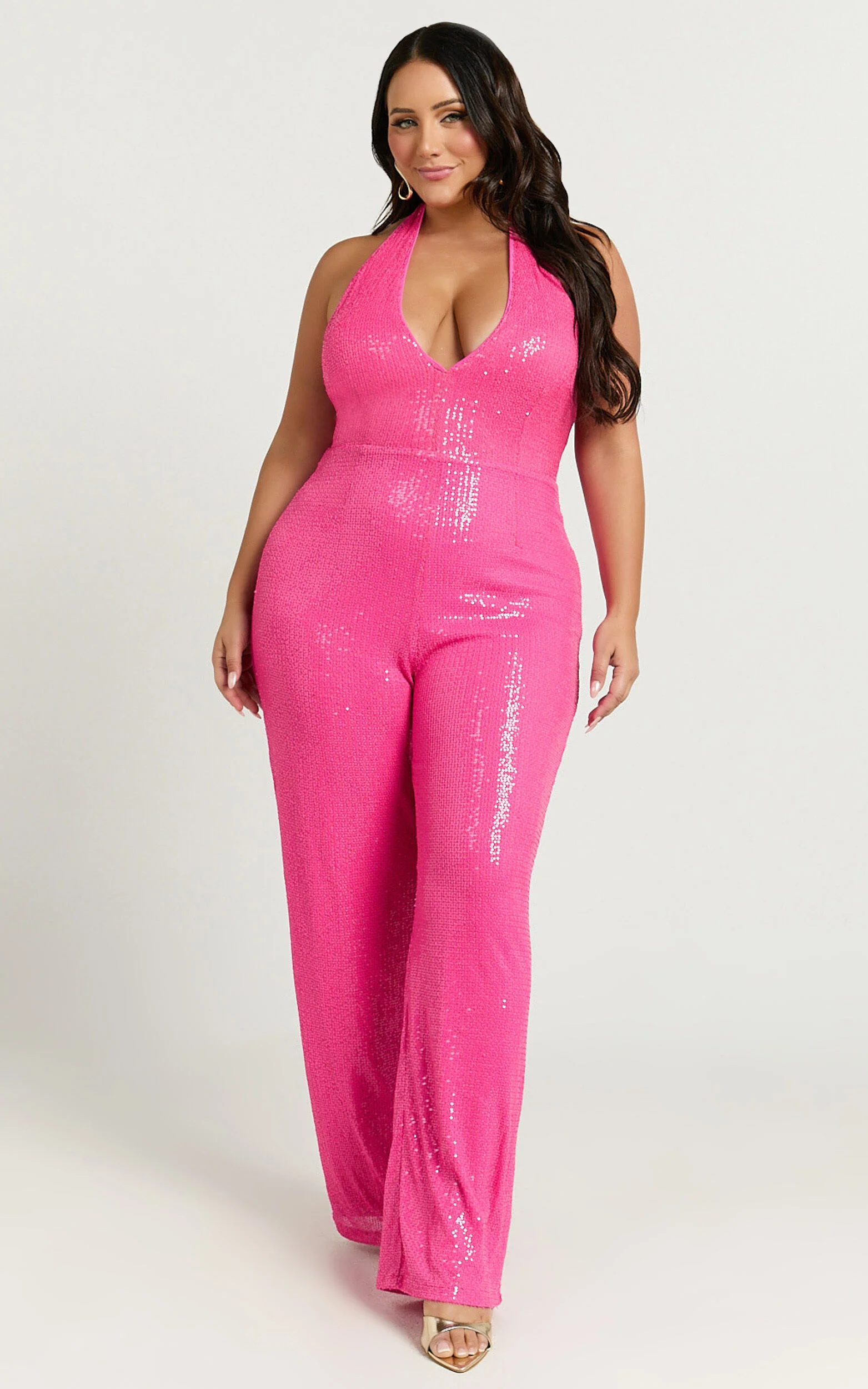 Belle Jumpsuit - Plunge Halter Sequin Jumpsuit in Hot Pink