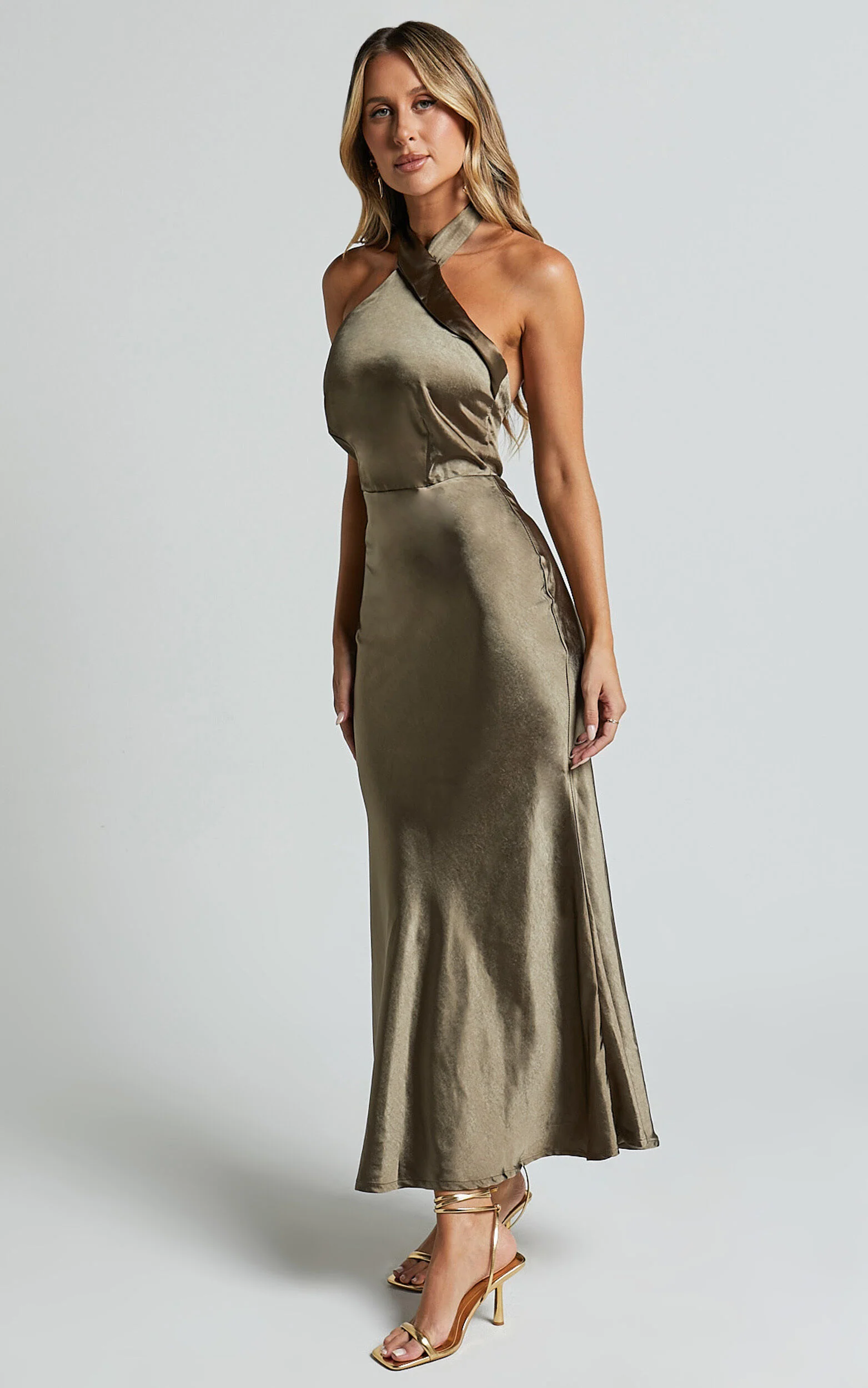 Rhianne Midi Dress - Twist Halter Neck Open Back Satin Dress in Olive