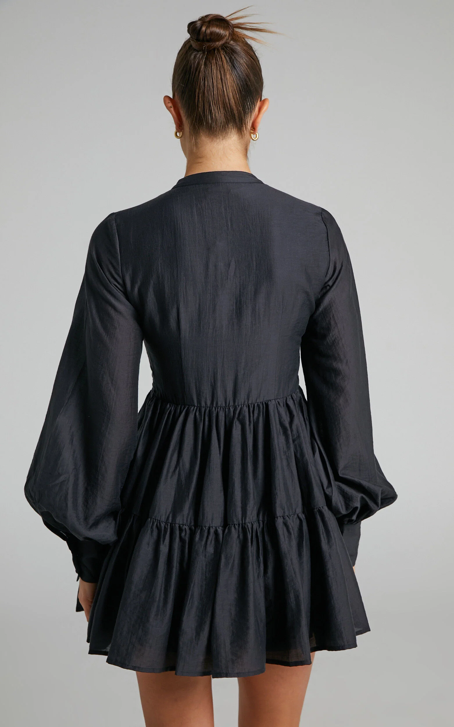 Kyra Mini Dress - Pin Tuck Detail Tiered Shirt Dress in Black