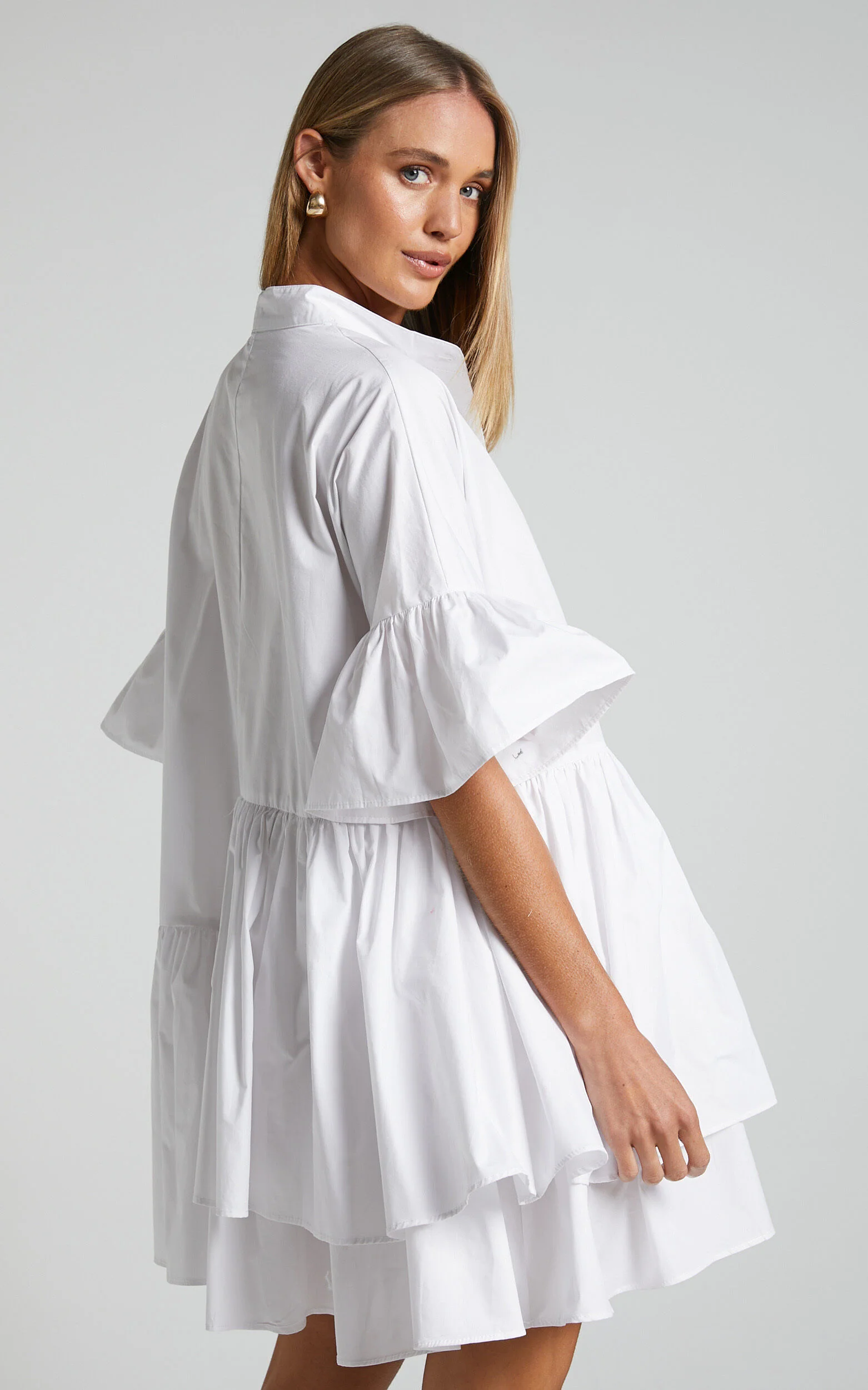 Elowen Mini Dress - Button Up Asymmetrical Tiered Smock Dress in White