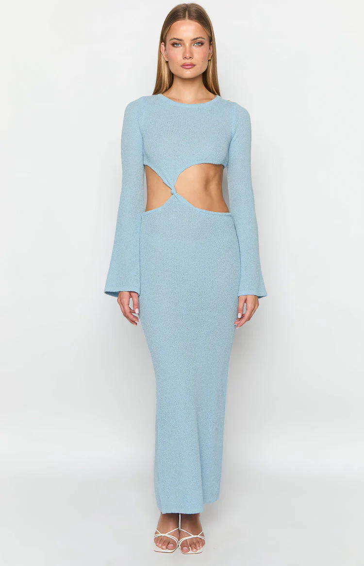 Arya Blue Long Sleeve Knit Maxi Dress