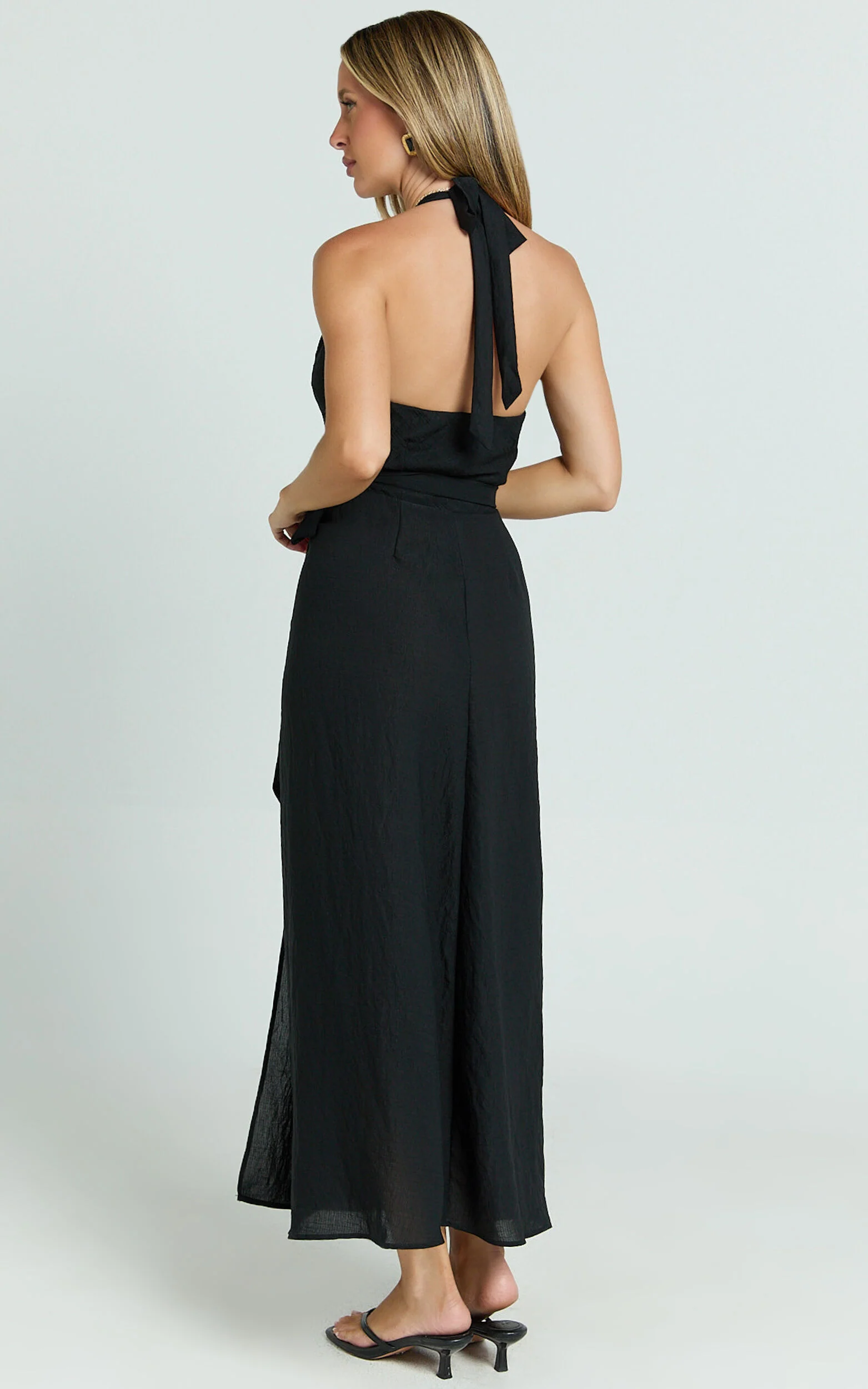 Robbie Midi Dress - Plunge Halter Midi Wrap Dress in Black