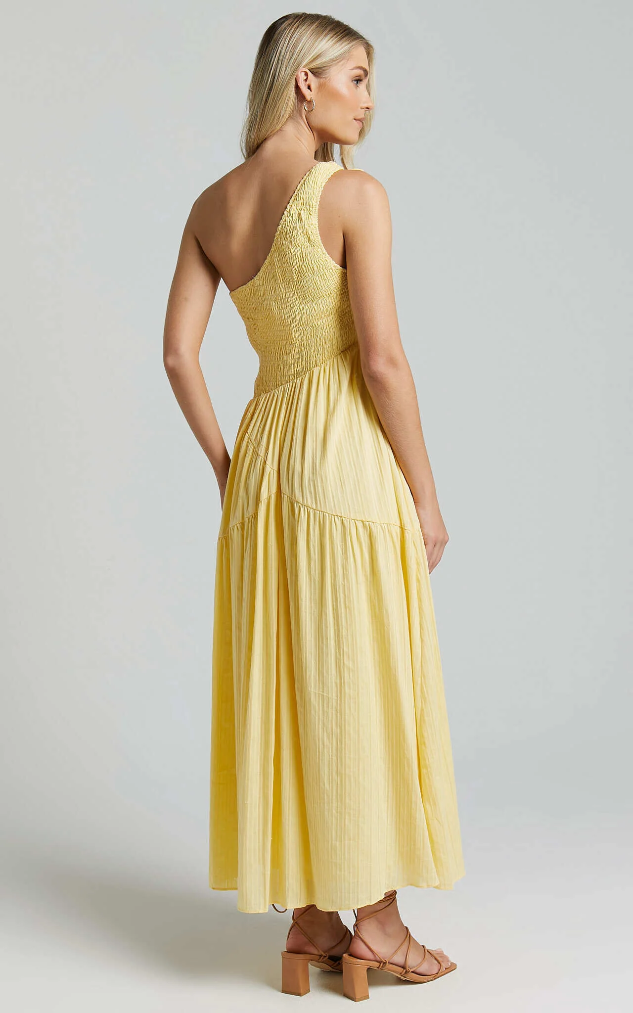 Zhibet Midi Dress - One Shoulder Tie Fit and Flare Dress in Yellow