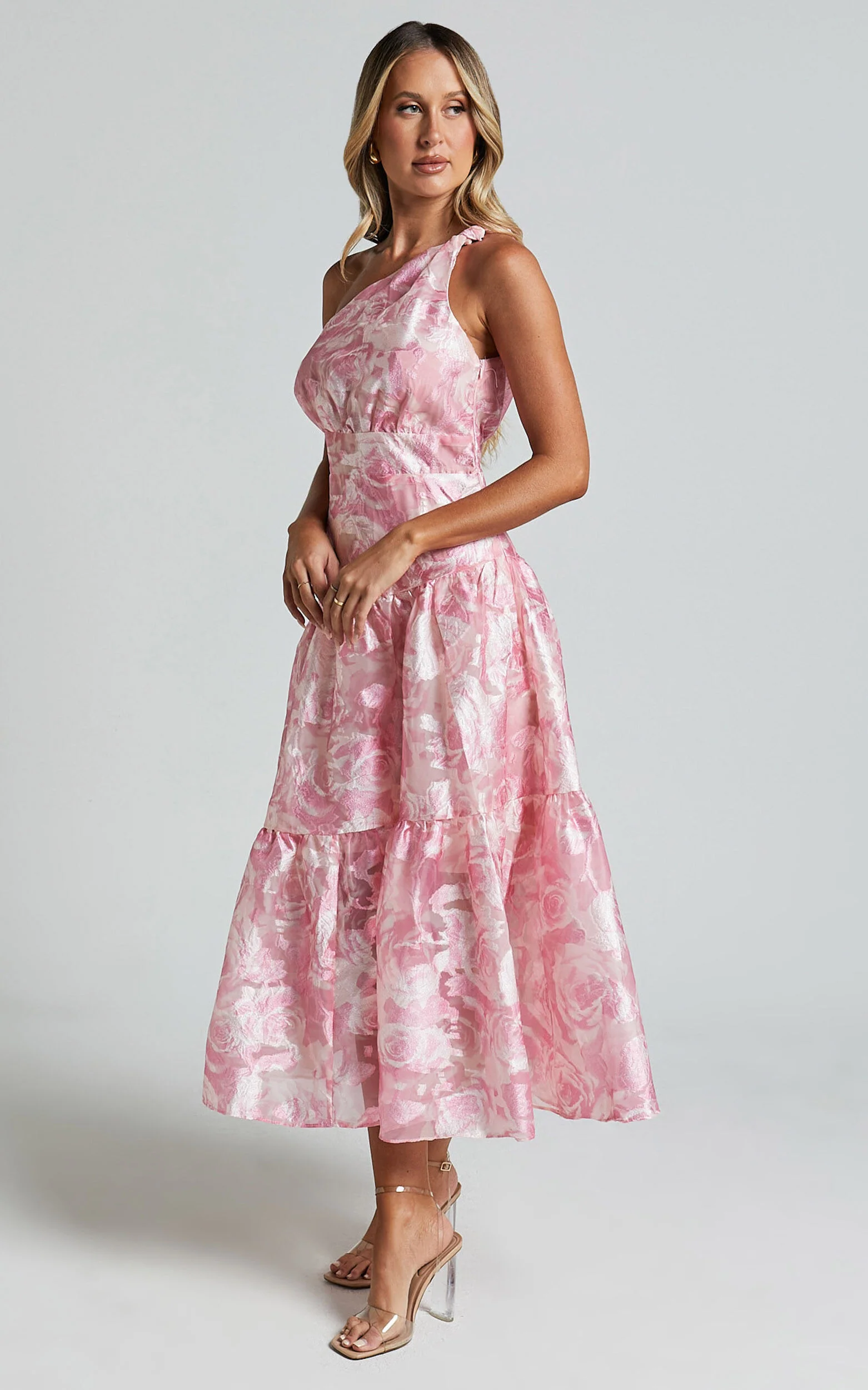 Lettie Midi Dress - One Shoulder Tiered Dress in Blurred Rose