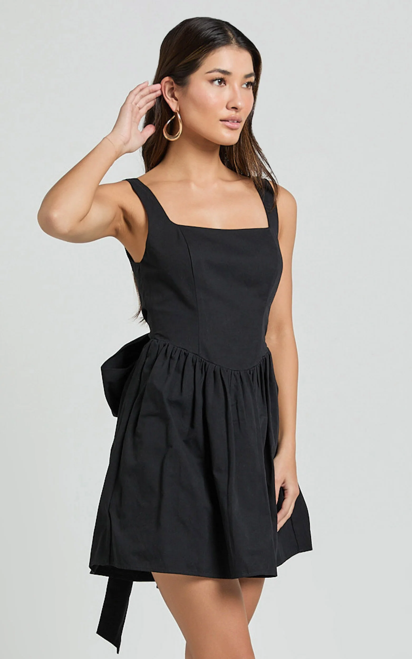 Vanny Mini Dress - Square Neck Tie Back Dress in Black