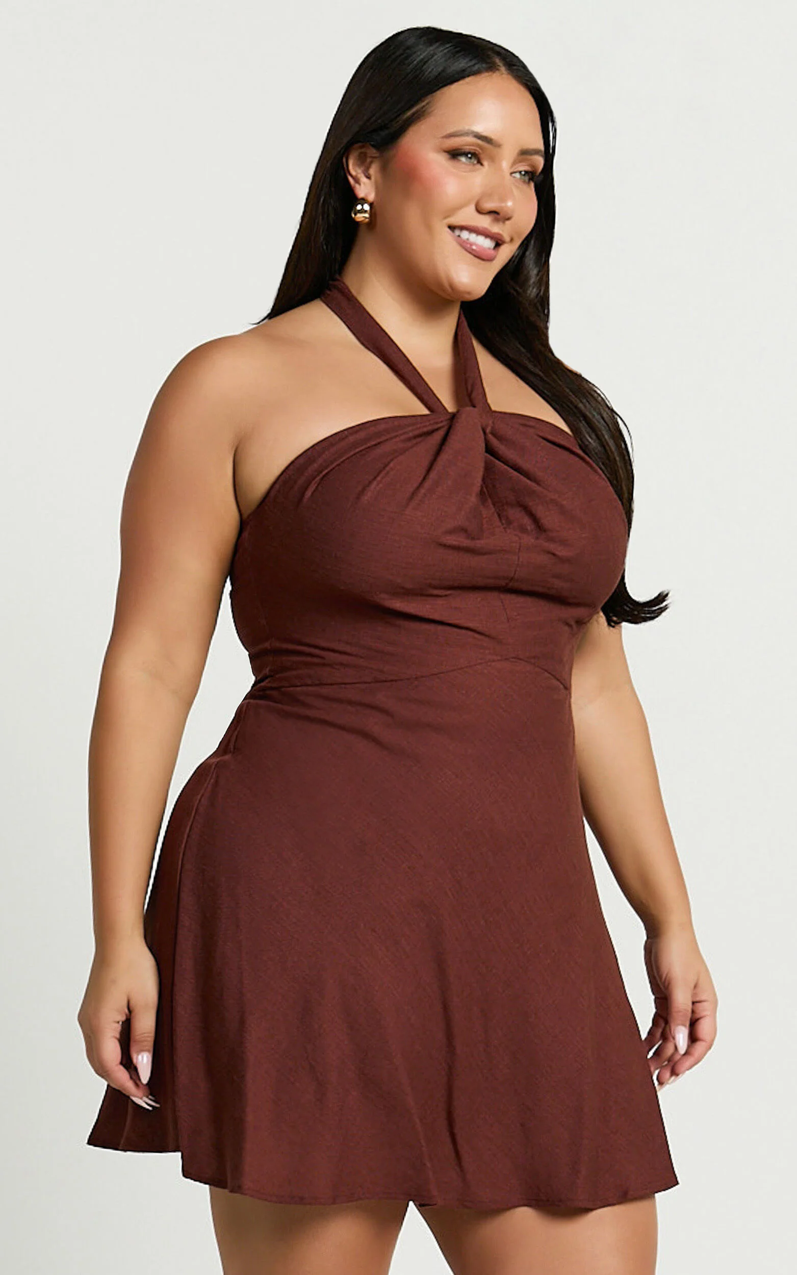 Louie Mini Dress - Linen Halter Neck Dress in Chocolate
