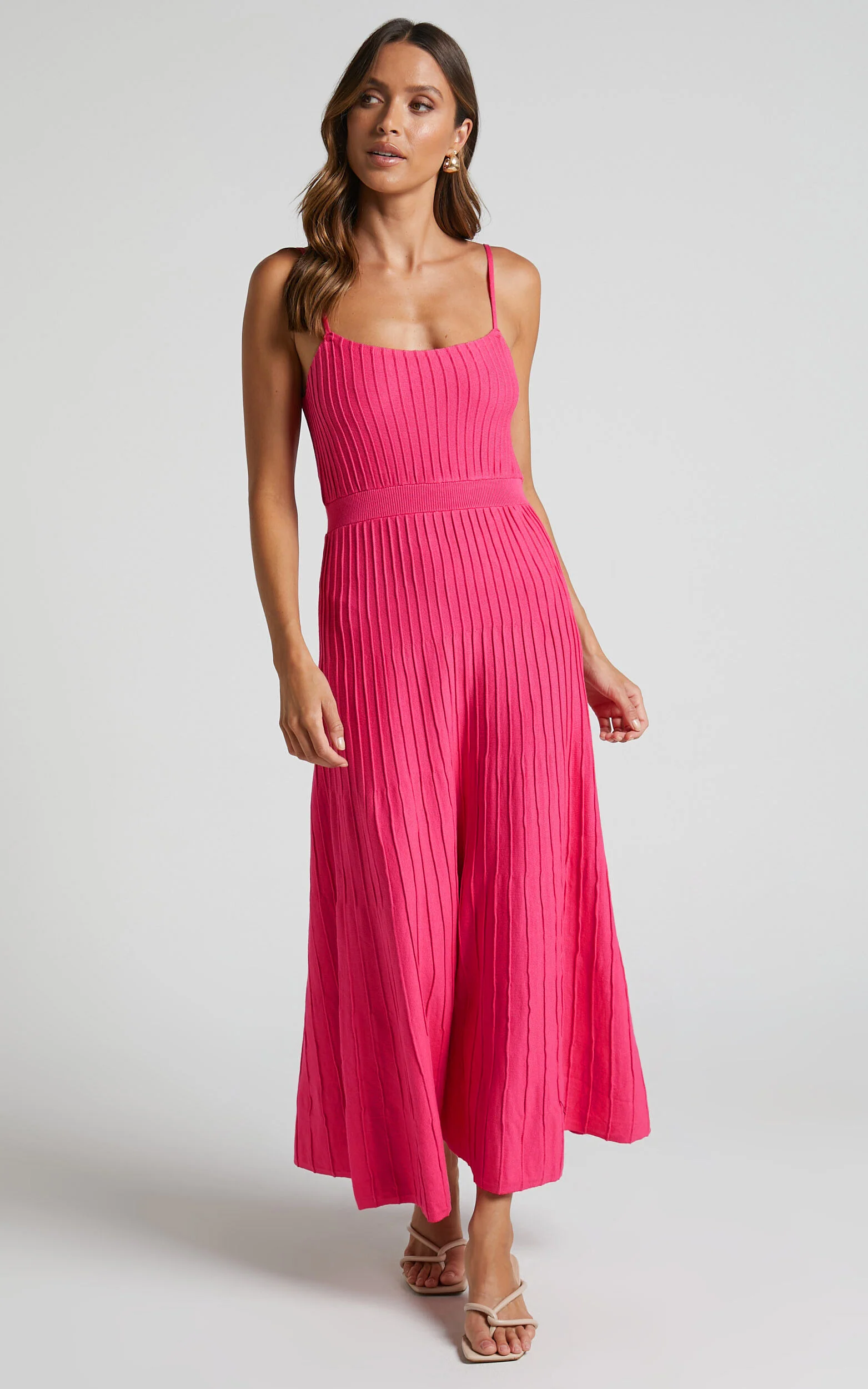 Donissa Midi Dress - Panelled Knit Dress in Hot Pink