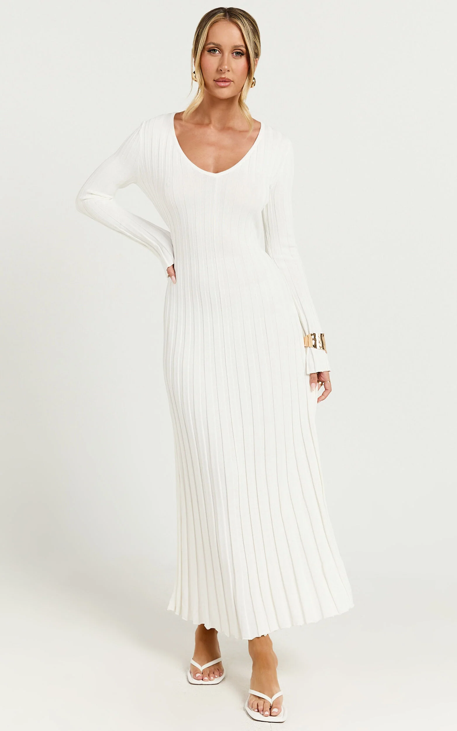 Astra Midi Dress - V Neck Long Sleeve Knit Dress in White