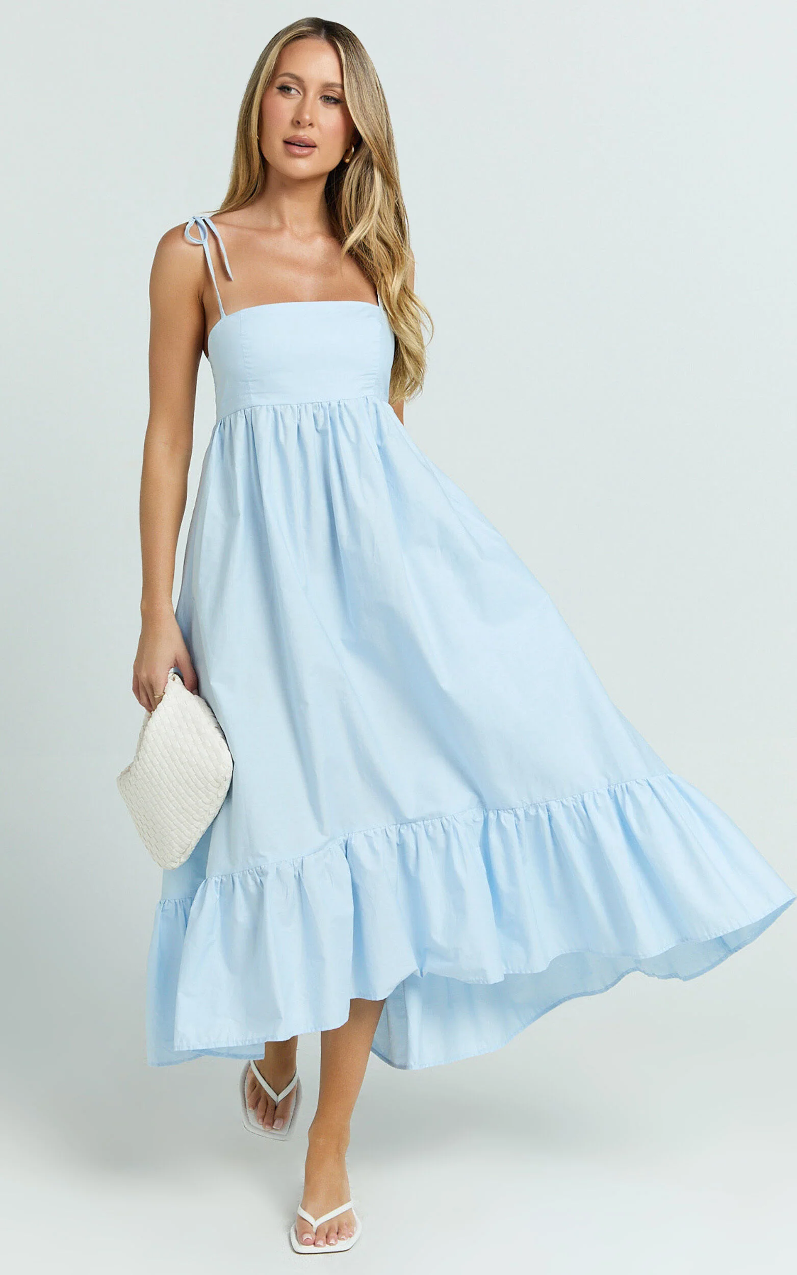 Aveiro Midi Dress - Straight Neck Shoulder Tie High Low Ruffle Hem in Soft Blue