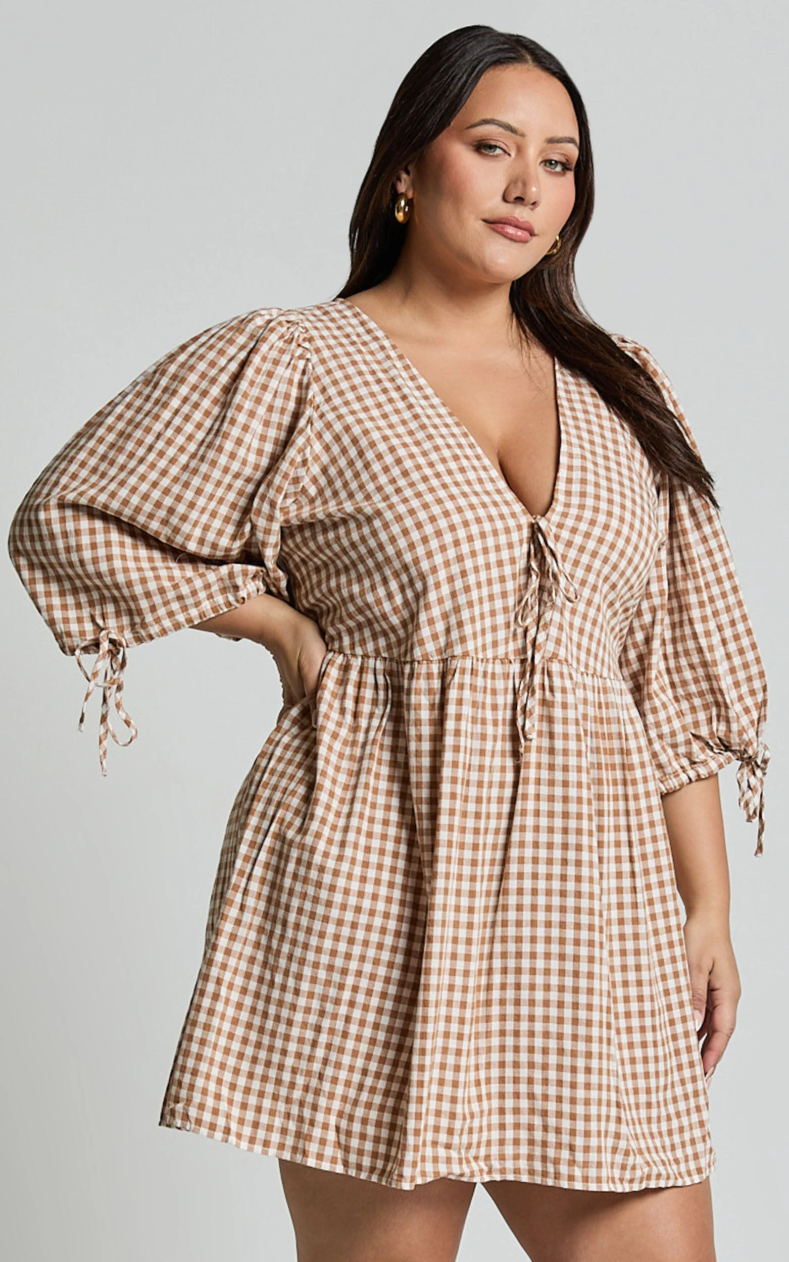 Rosita Mini Dress - Tie Front Puff Sleeve Dress in Caramel & White Gingham