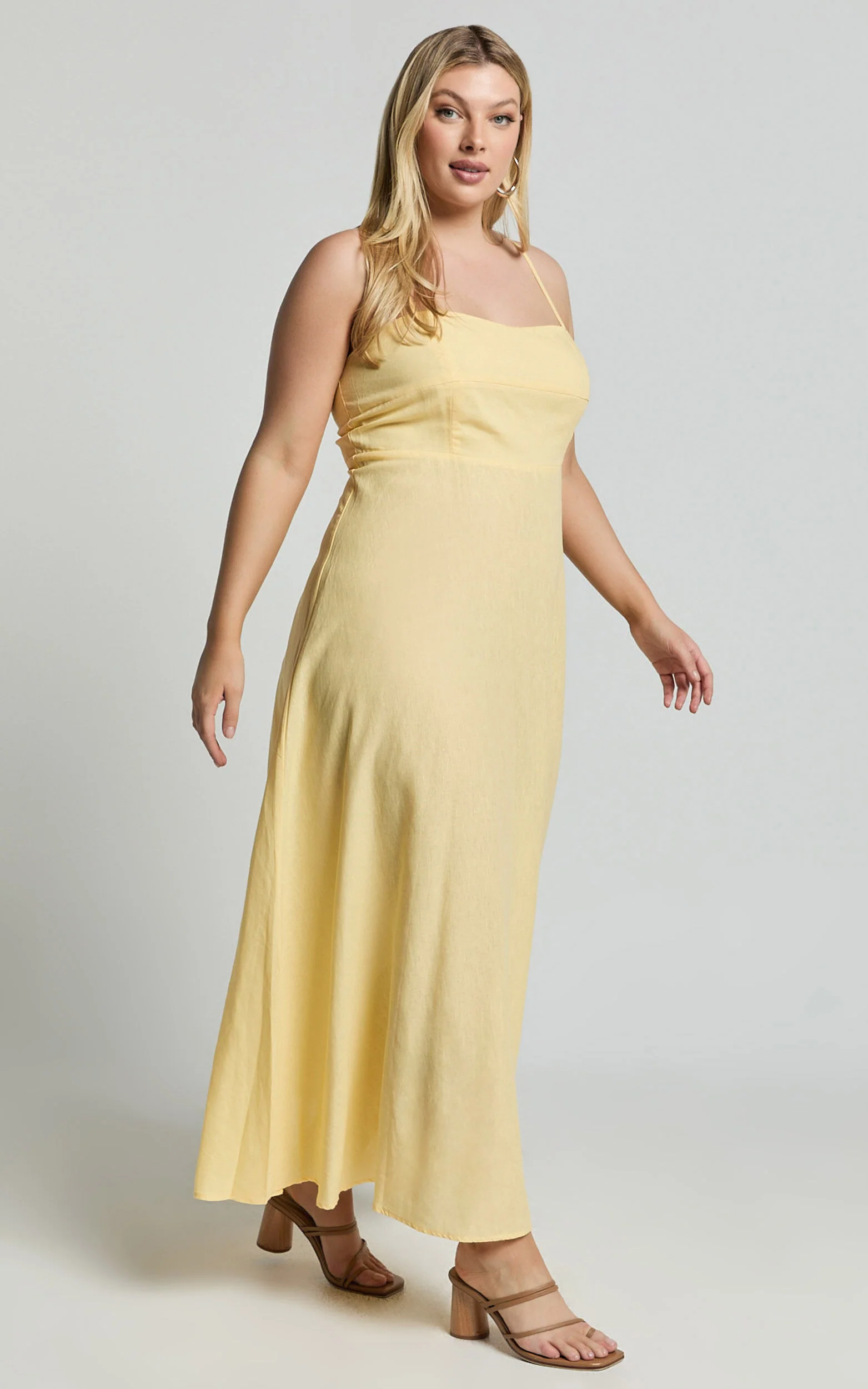 Brette Midi Dress - Linen Straight Neck Strappy Fit And Flare Dress in Lemon