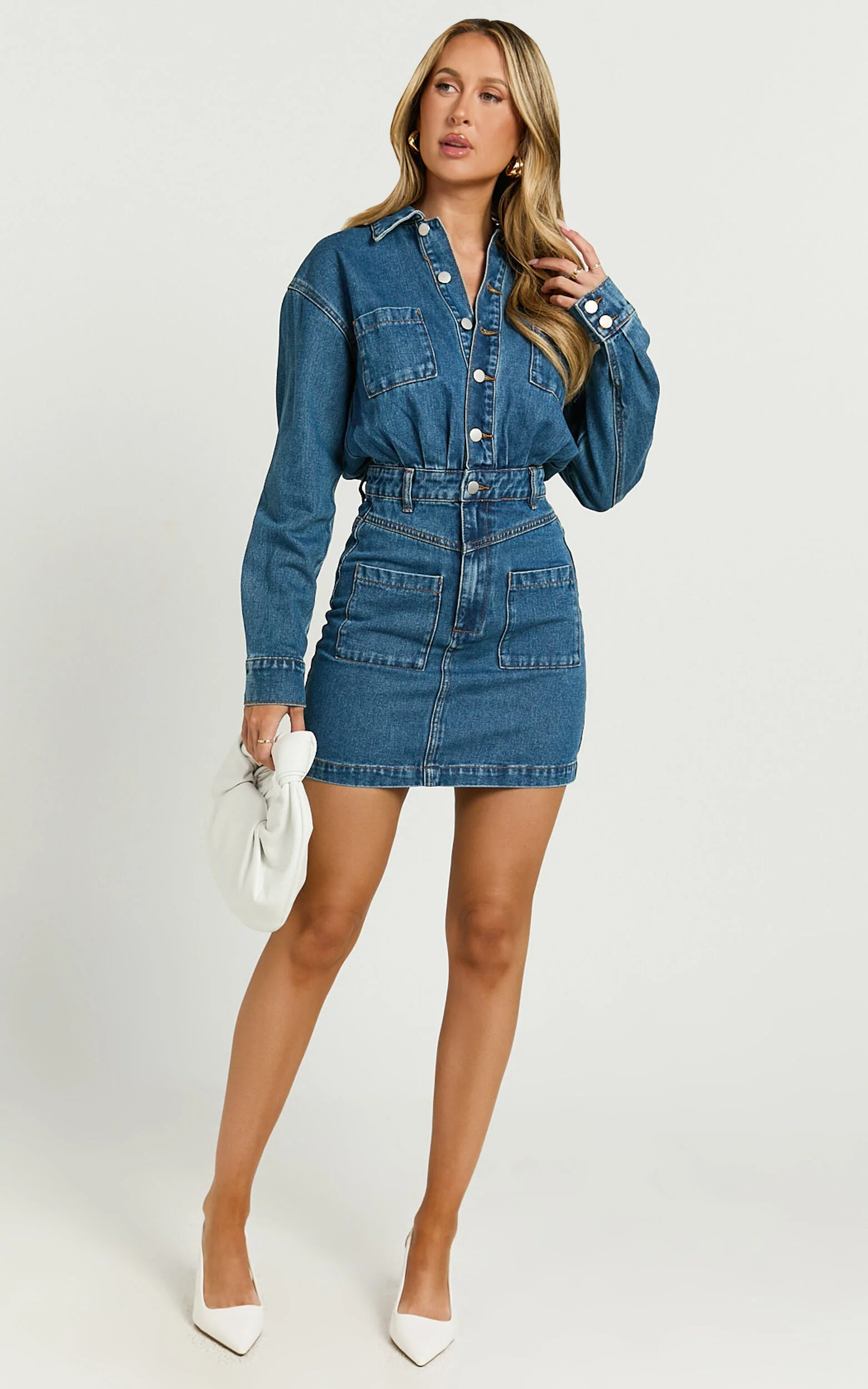 Kamala Mini Dress - Long Sleeve Button Through Denim Dress in Dark Blue Wash