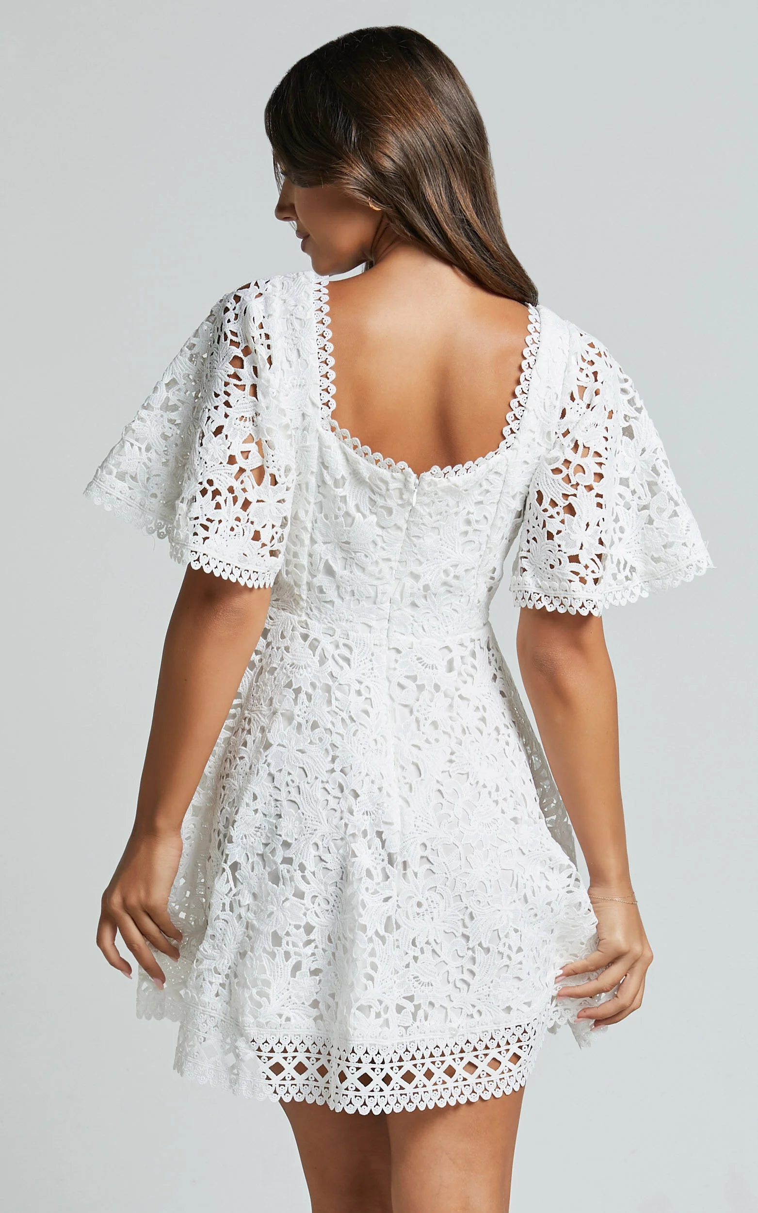 Marisole Mini Dress - A Line Flutter Sleeve Lace Dress in White