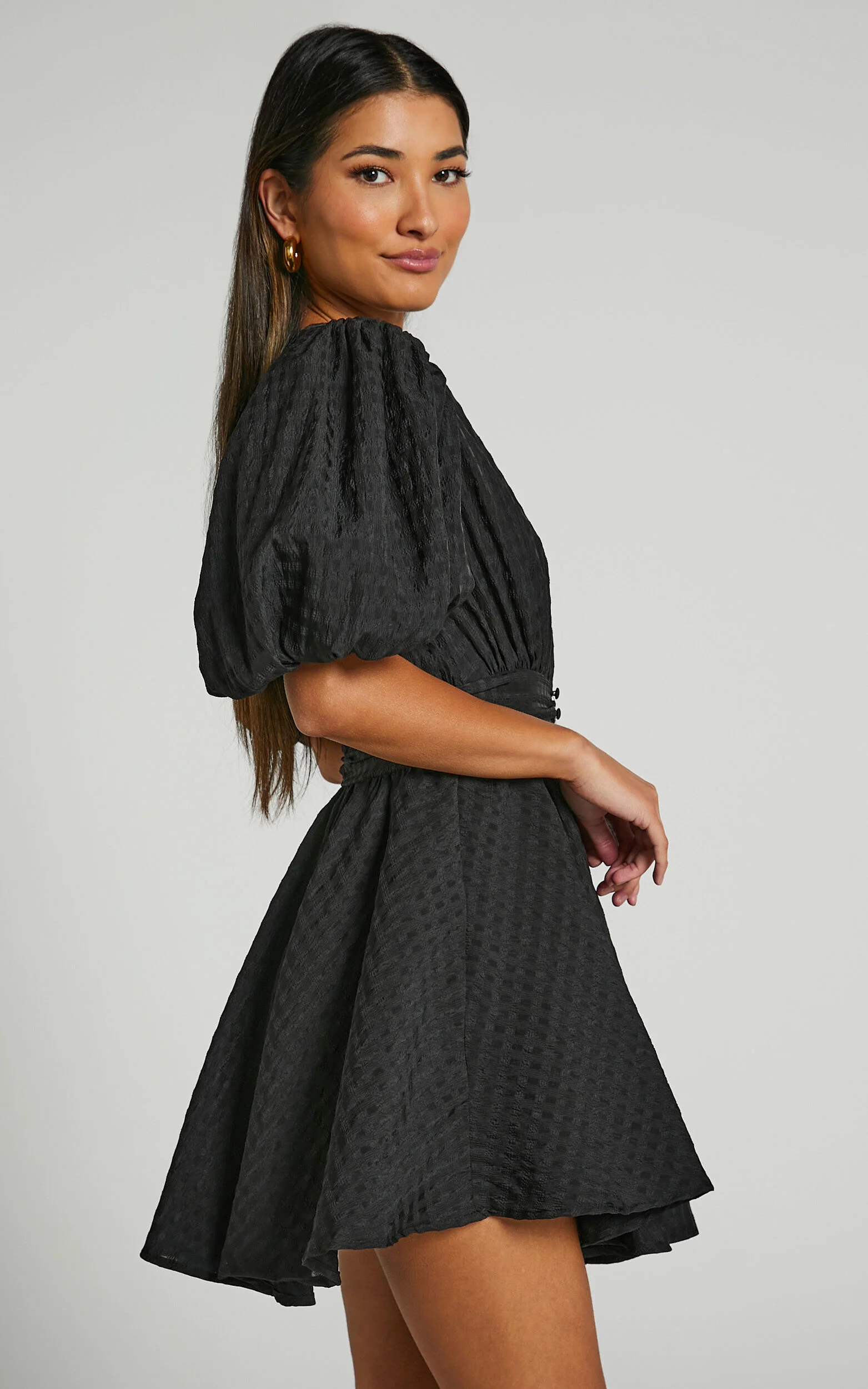Xandy Mini Dress - Textured Puff Sleeve Plunge Dress in Black