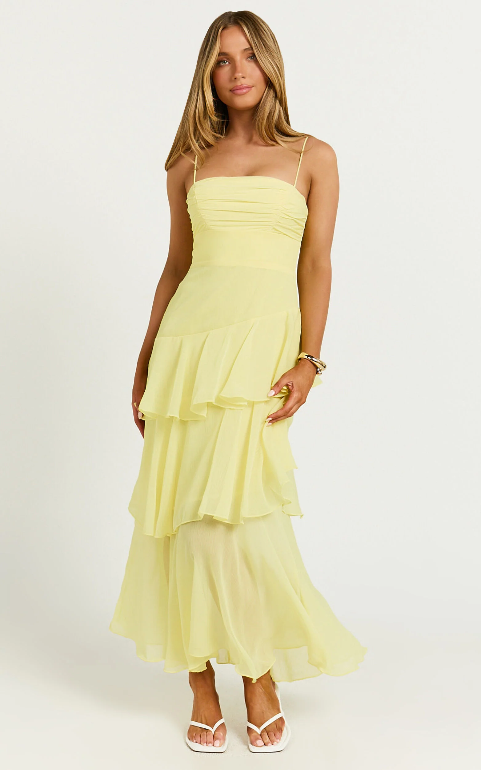 Johanna Midi Dress - Straight Neck Tiered Dress in Lemon