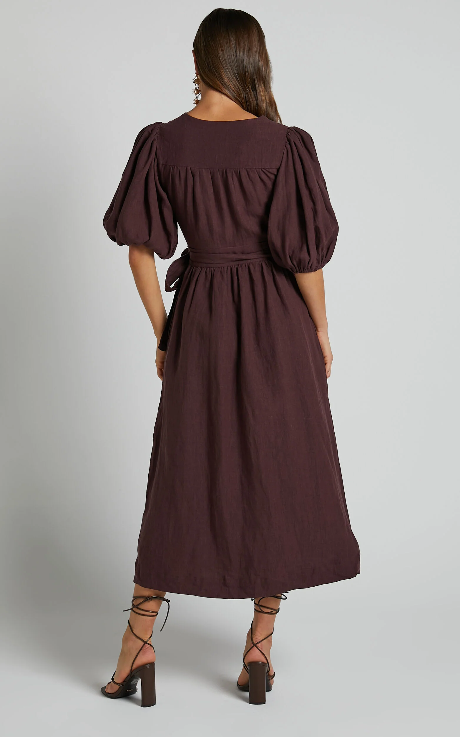 Amalie The Label - Franc Linen Puff Sleeve Wrap Midi Linen Dress in Dark Plum