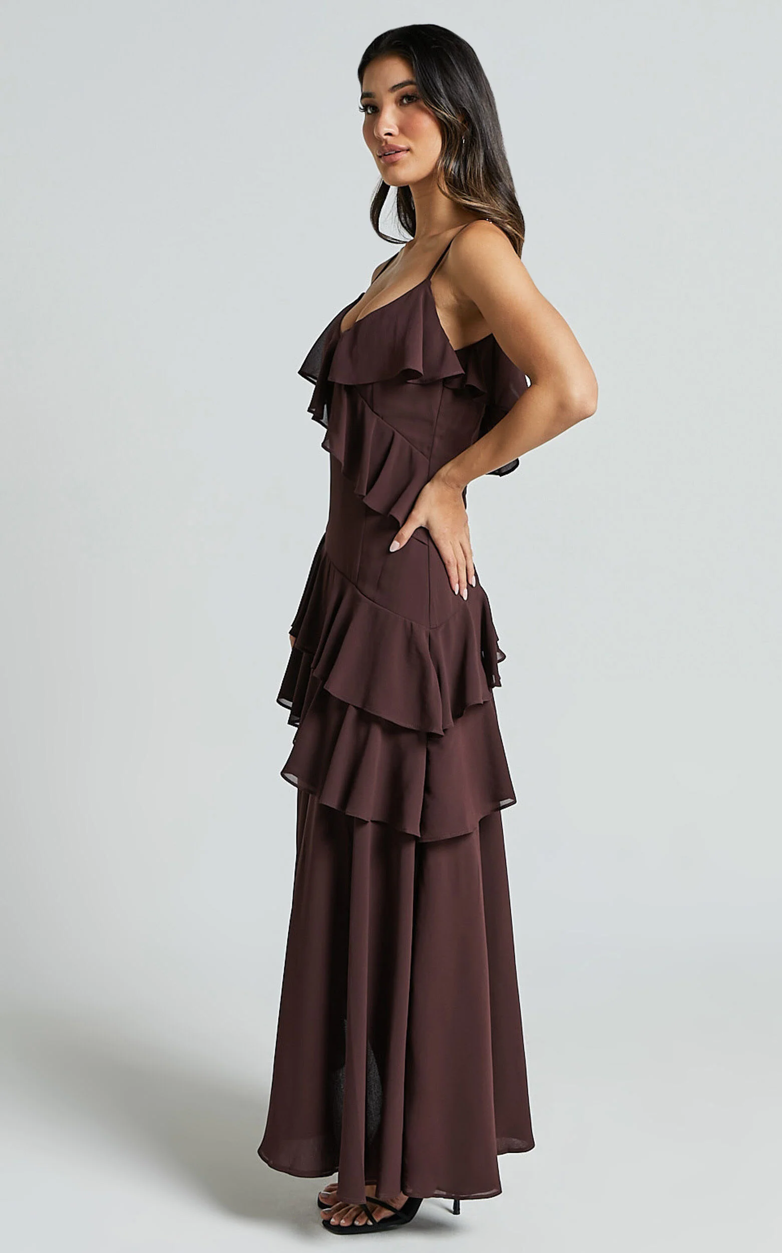Emily Midi Dress - Strappy Asymmetric Ruffle Dress in Chocolate