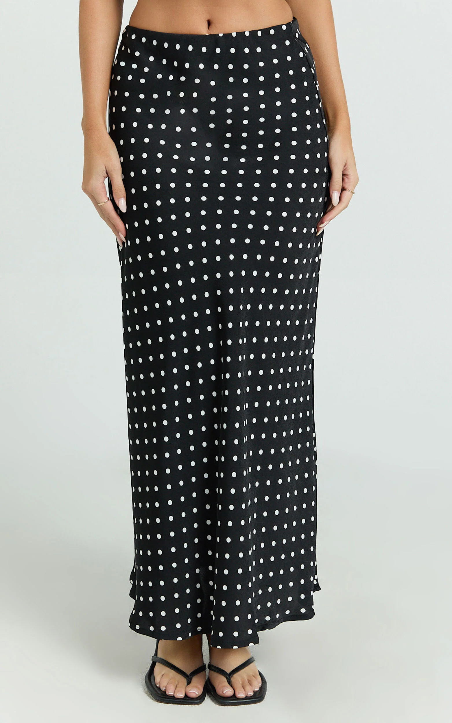 Amari Maxi Skirt - High Waisted Bias Cut Skirt in Black Polka Dot