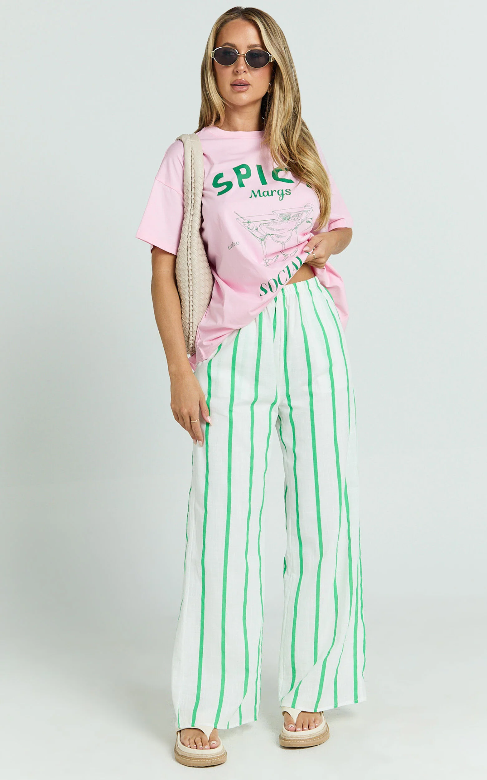 Albina Two Piece Set - Spicy Margs Club Tee and Striped Pant Set in Green