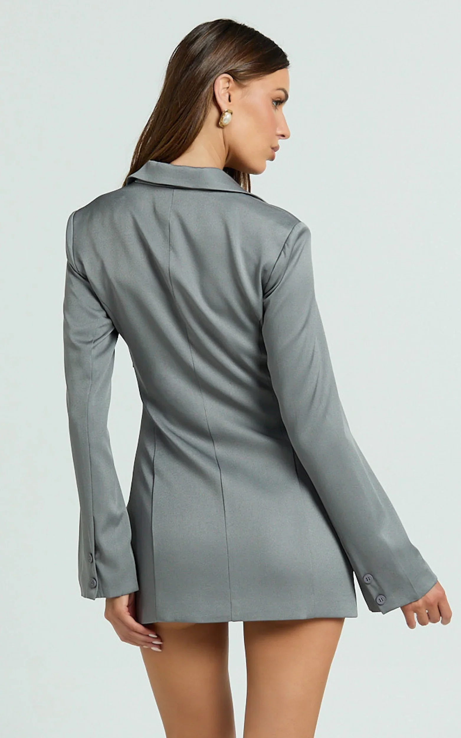 Jamaica Mini Dress - Cut Out Ruched Tie Front Fitted Blazer Dress in Grey