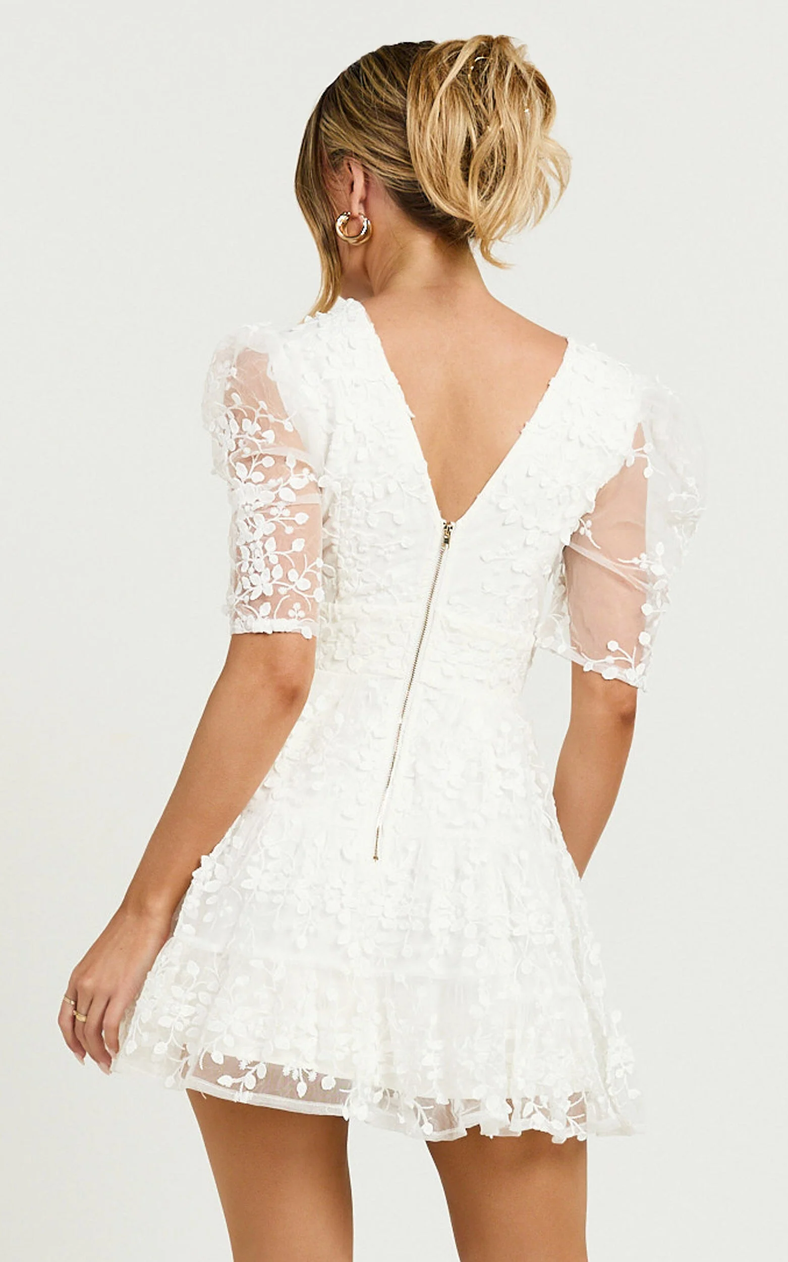 Pamela Mini Dress - Embroidered Plunge Tiered Dress in White