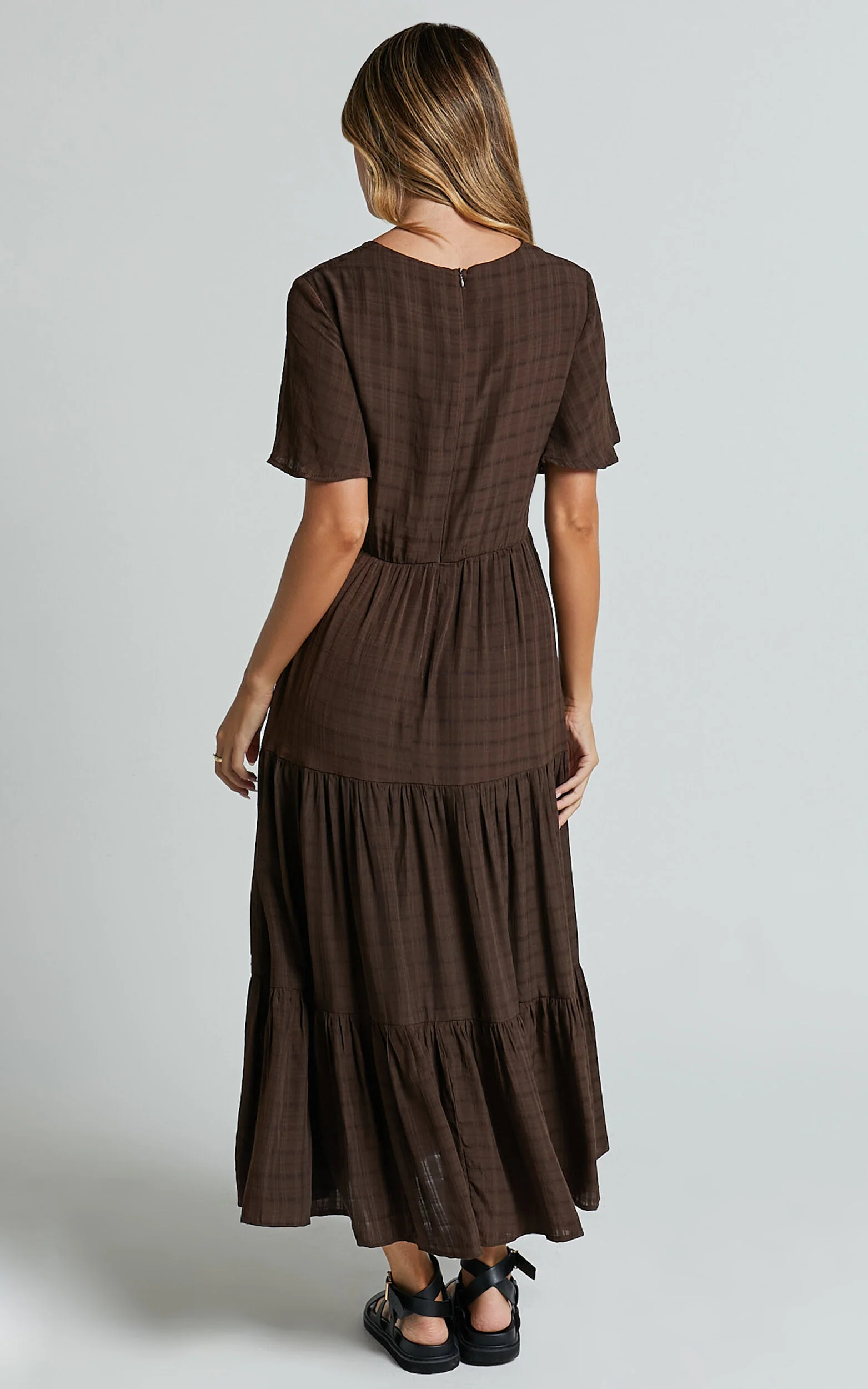 Cryzel Midi Dress - Flutter Sleeve Tiered Dress in Chocolate