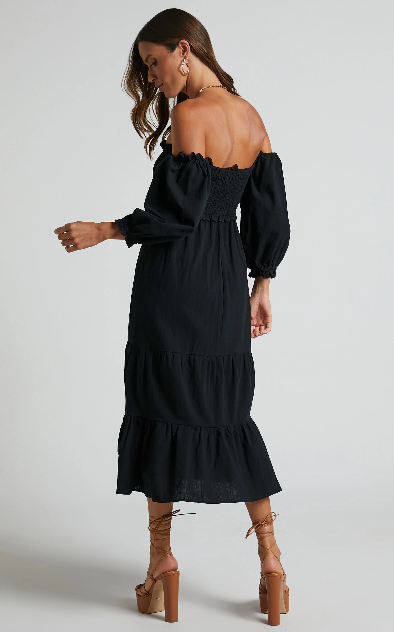 Nikka Midi Linen Dress - Shirred Off Shoulder Puff Sleeve Dress in Black