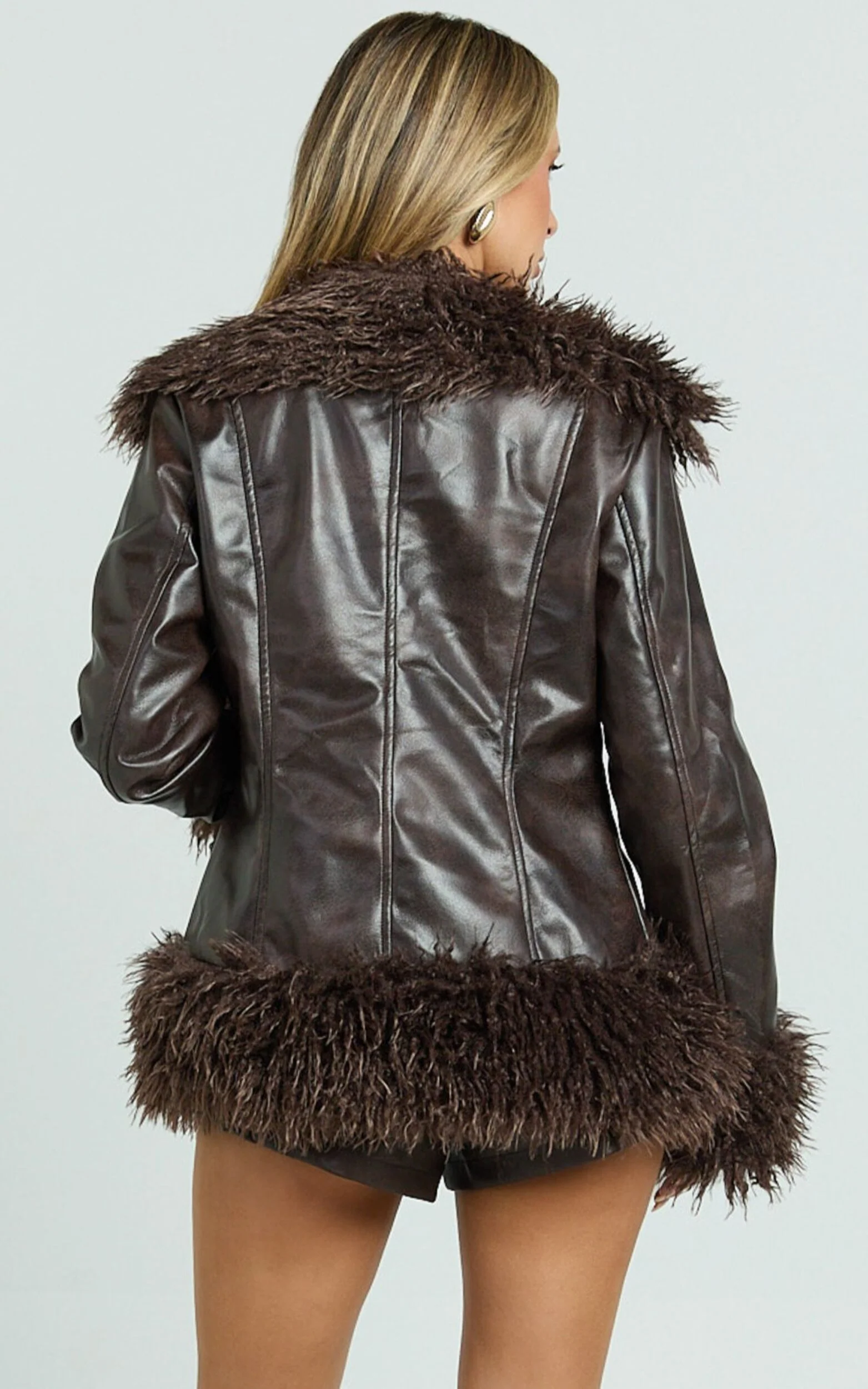 Eileen Coat - Faux Fur Trim Faux Leather Coat in Dark Brown