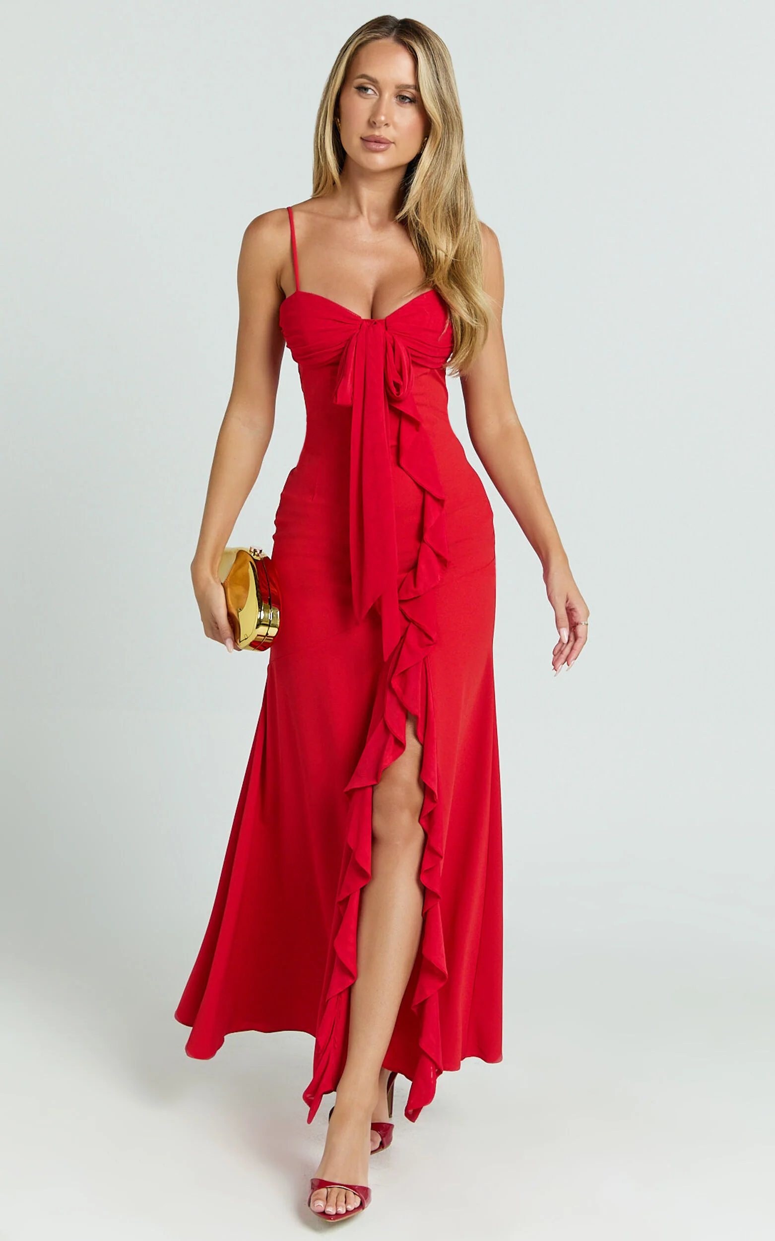 Lacie Maxi Dress - V Neck Bias Cut Ruffle Tie Front Dress in Red