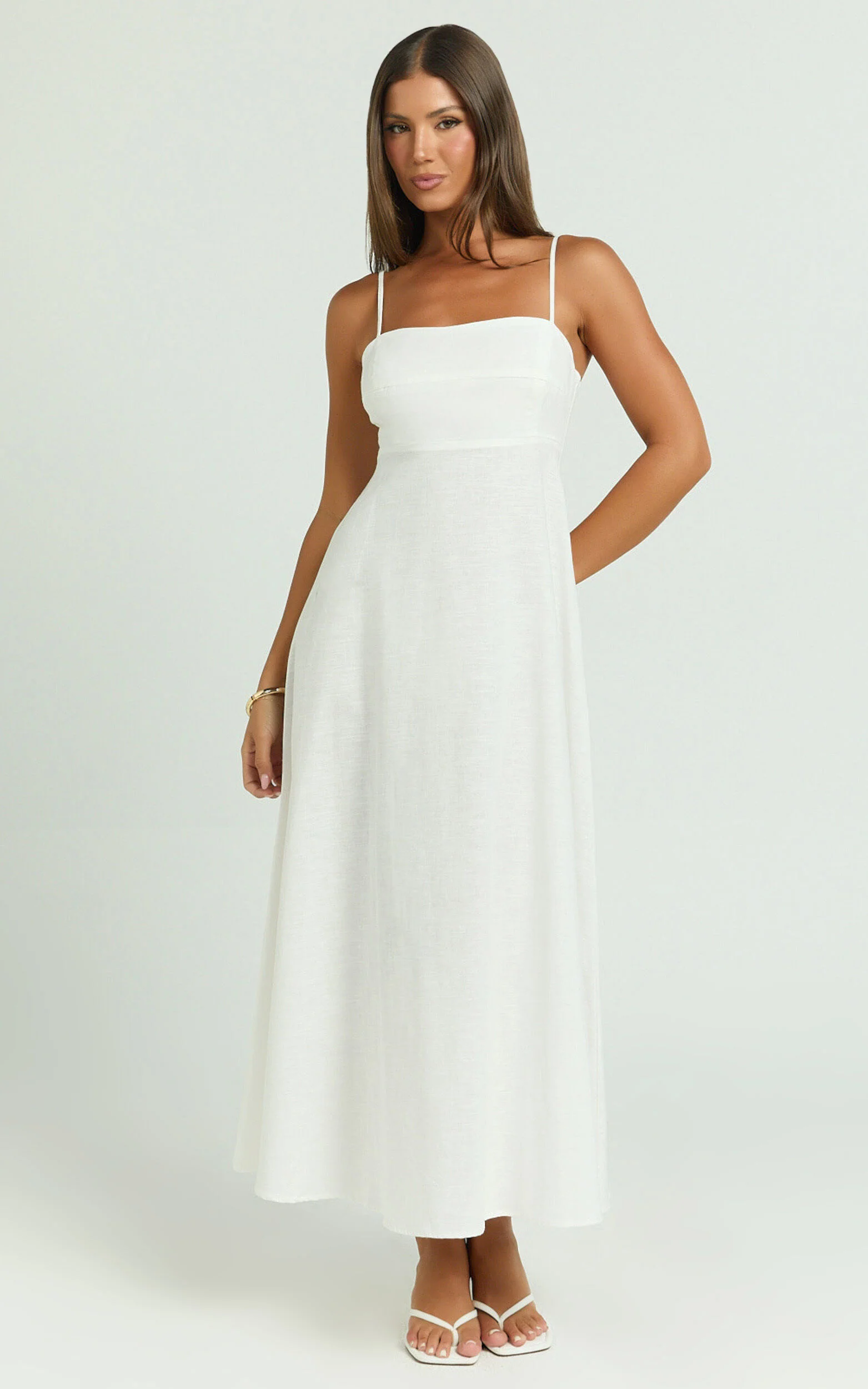 Brette Midi Dress - Linen Straight Neck Strappy Fit And Flare Dress in White