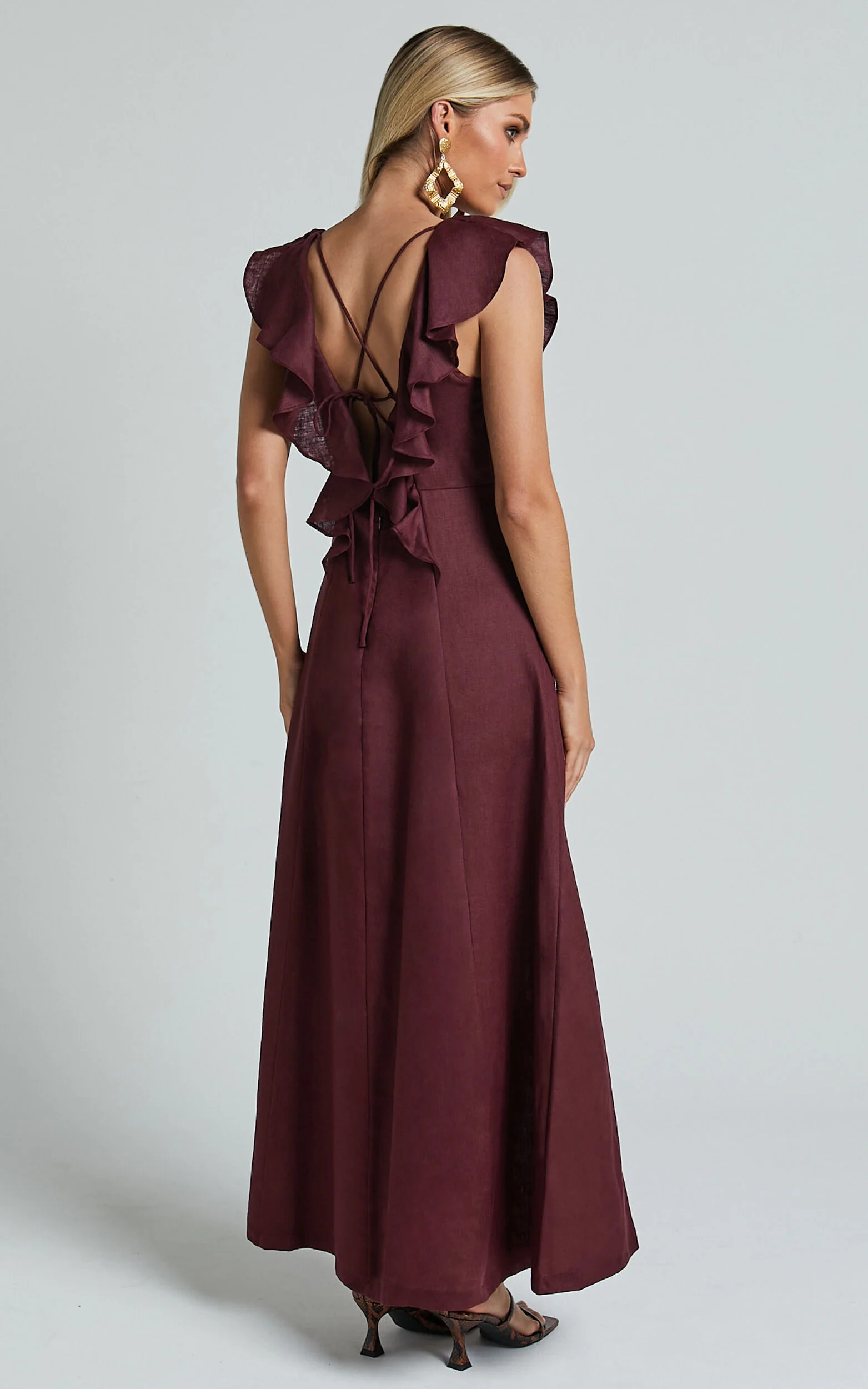 Amalie The Label - Penelope Linen Flutter Sleeve Low Back Maxi Linen Dress in Wine