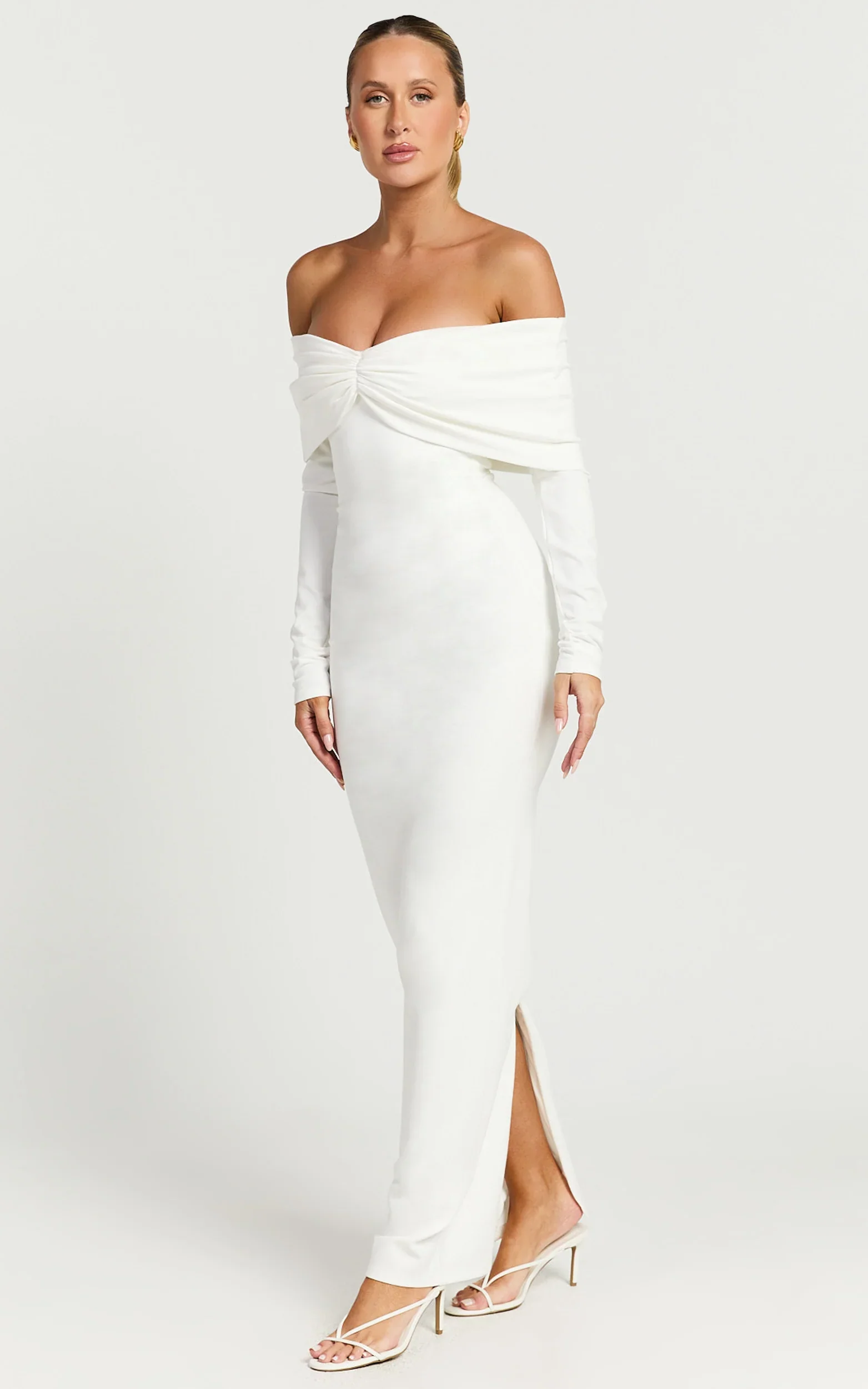 Rani Maxi Dress - Off Shoulder Long Sleeve Bodycon Dress in Off White