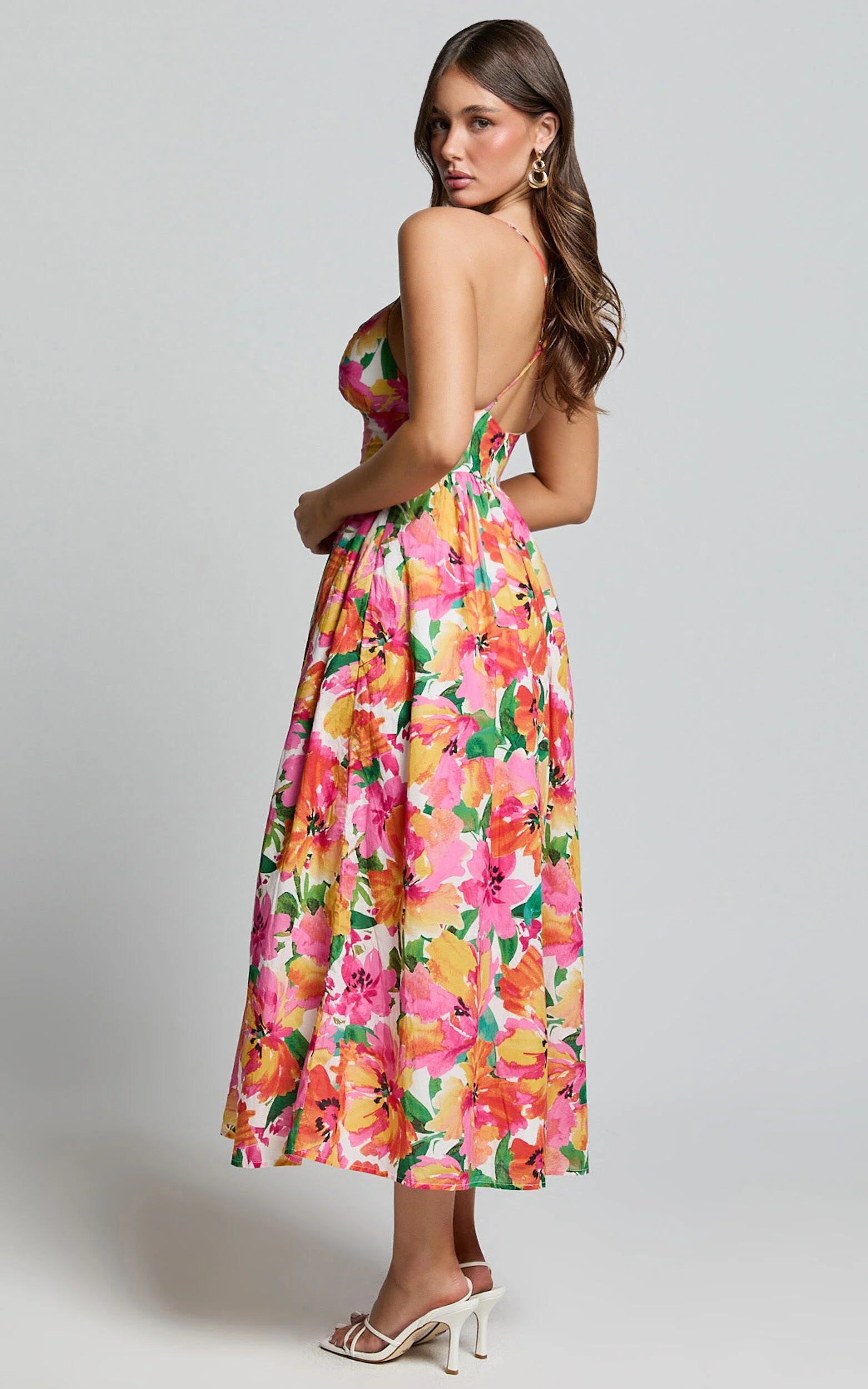 Shairah Midi Dress - Cross Back Gathered Sweetheart Dress in Bloom
