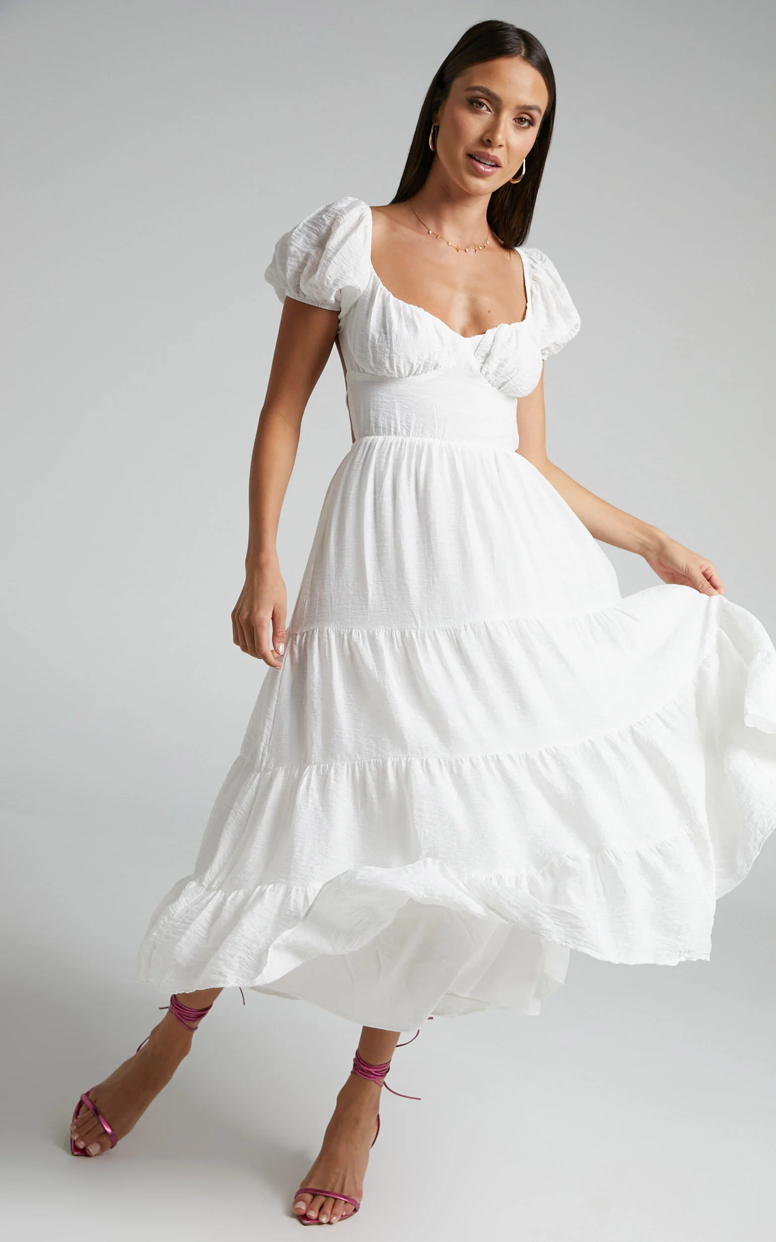 Anita Midi Dress - Puff Sleeve Tiered Dress in White