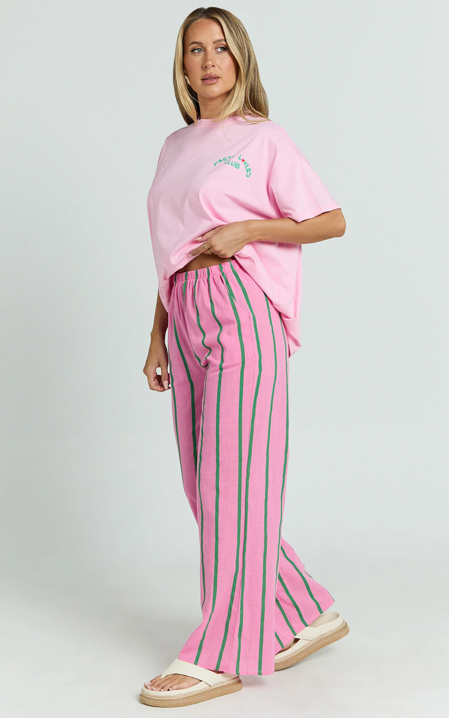Alda Two Piece Set - Pasta Lovers Club Tee and Striped Pant Set in Pink