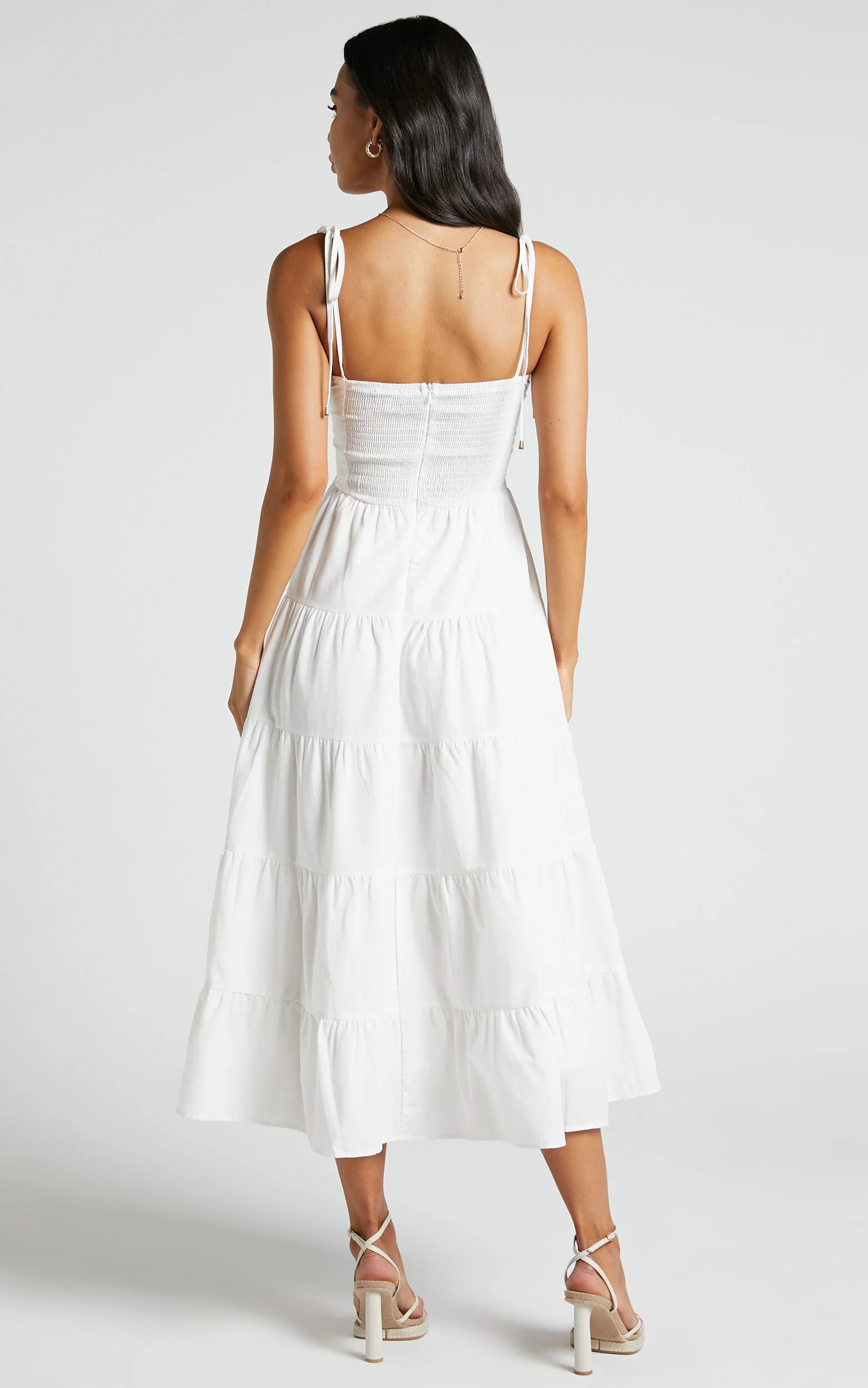 Leticia Midi Dress - Twist Front Tie Strap Tiered Dress in Off White