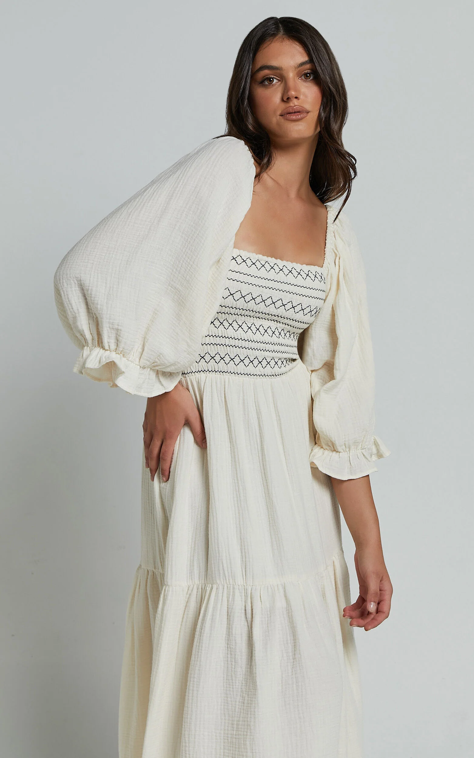 Bellenie Midi Dress - 3/4 Puff Sleeve Square Neck Smock Bodice Tiered Dress in Natural